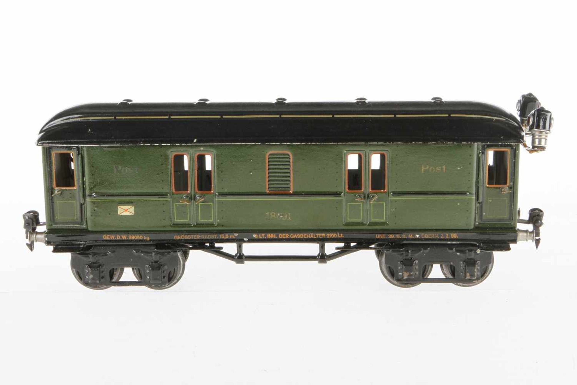 Märklin Postwagen 1869, S 1, HL, mit 4 AT, Innen- und Schlussbeleuchtung, LS und gealterter Lack,