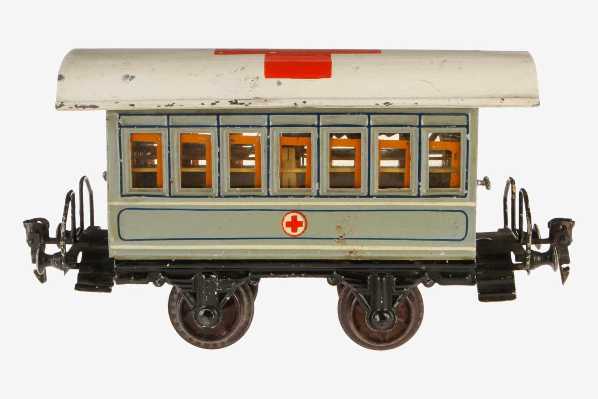 Märklin Sanitätswagen 1828 P, S 1, uralt, HL, 2A, 2 AT, Tonnendach, 2 offene Perrons, mit