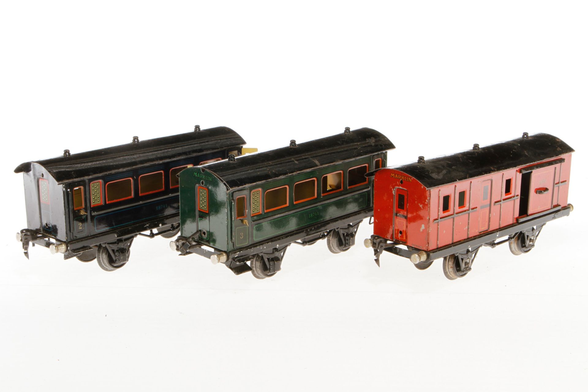 2 Märklin Personen- und 1 Gepäckwagen 1874/1875, S 1, CL, LS, L 24, bespielt