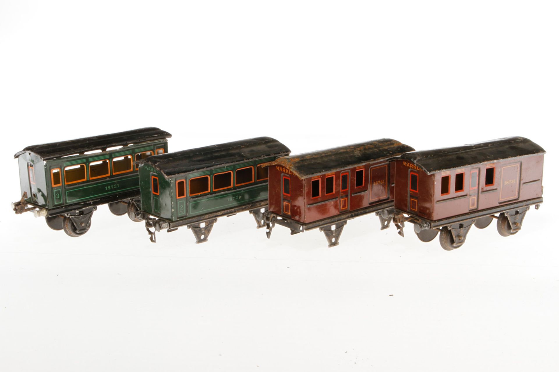 2 Märklin Personen- und 2 Gepäckwagen 1872/1873, S 1, CL, NV, L 20, bespielt