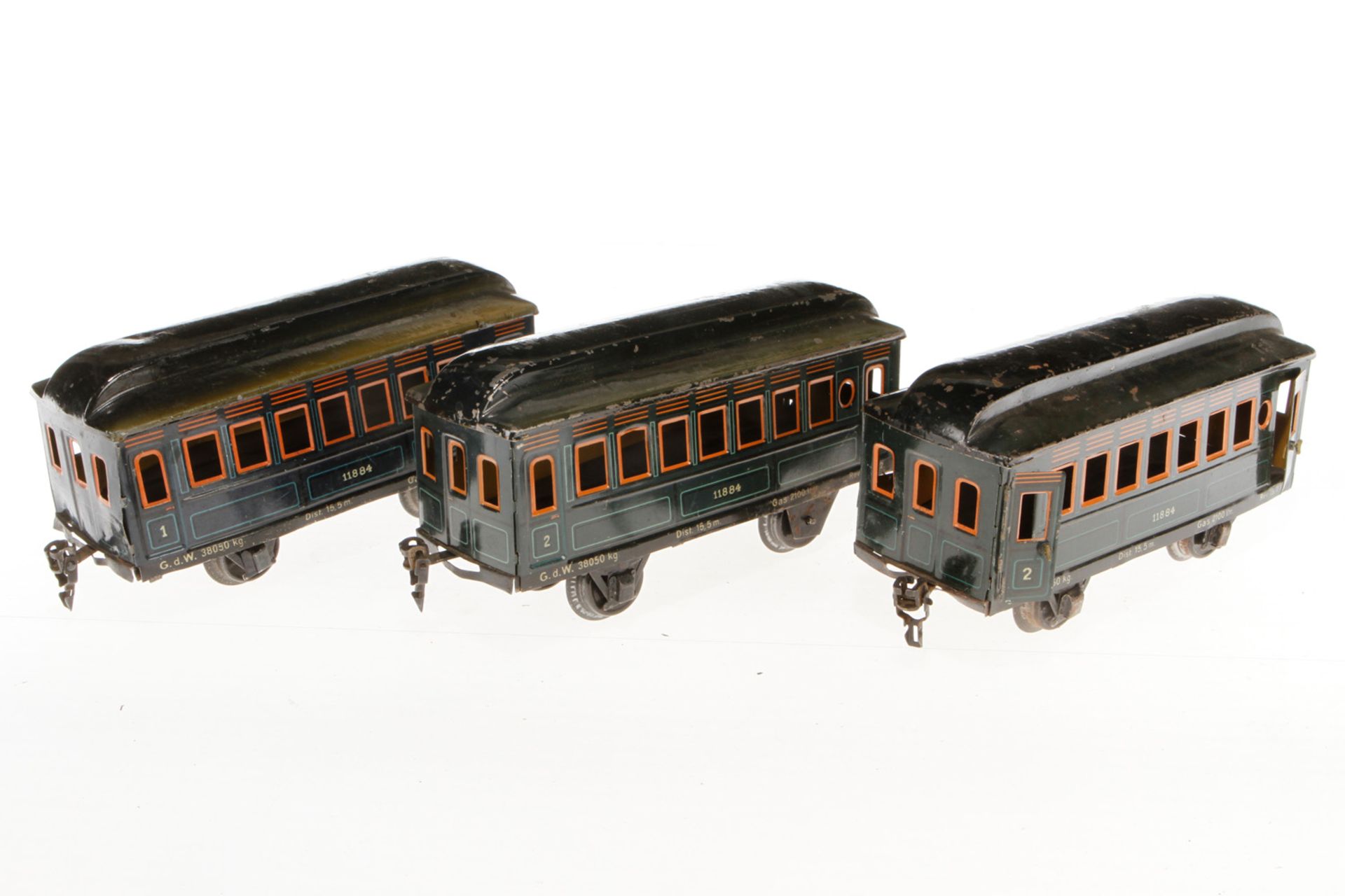 3 Märklin Personenwagen 1884, S 1, CL, L 20,5, bespielt