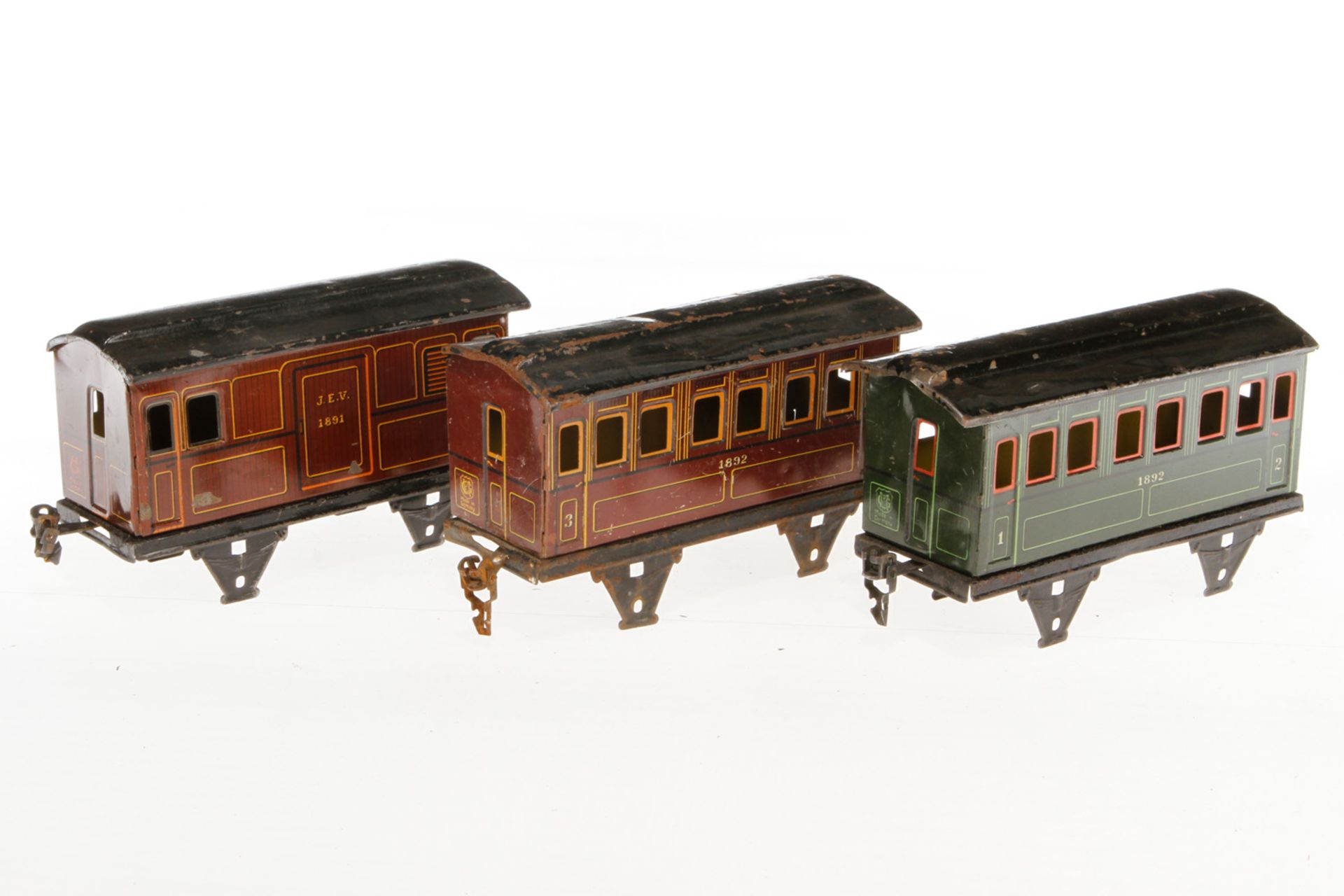 Märklin Gepäck- und 2 Personenwagen 1891/1892, S 1, CL, ohne Radsätze und NV, L 17, bespielt