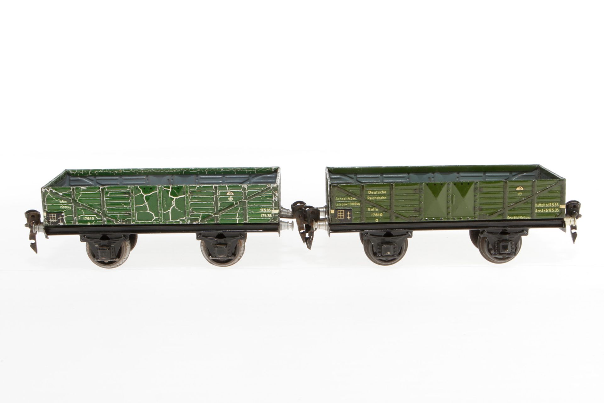 2 Märklin offene Güterwagen 1761, S 0, CL, LS, L 16,5, bespielt
