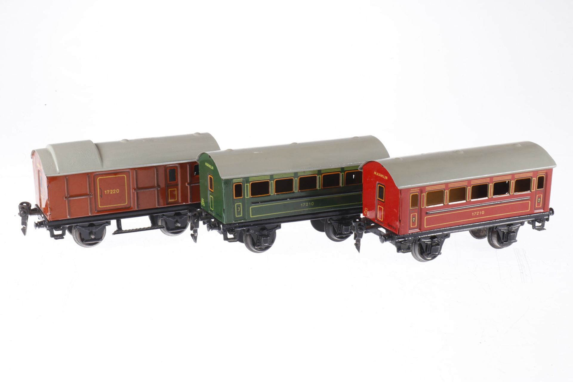 2 Märklin Personen- und 1 Gepäckwagen 1721/1722, S 0, CL, Dächer nachlackiert, LS tw ausgebessert,