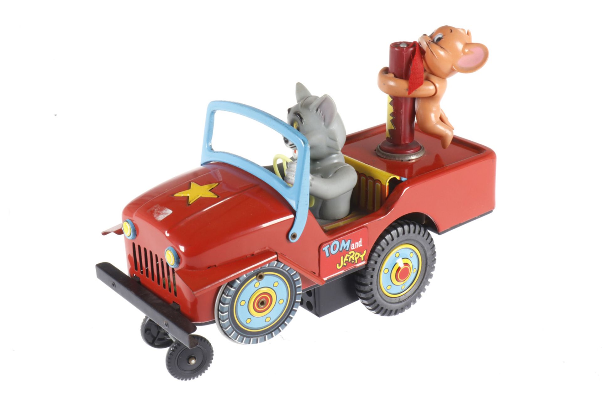 TM Jeep "Tom and Jerry", Japan, Blech/Kunststoff, batteriebetrieben, Alterungsspuren, L 27, sonst