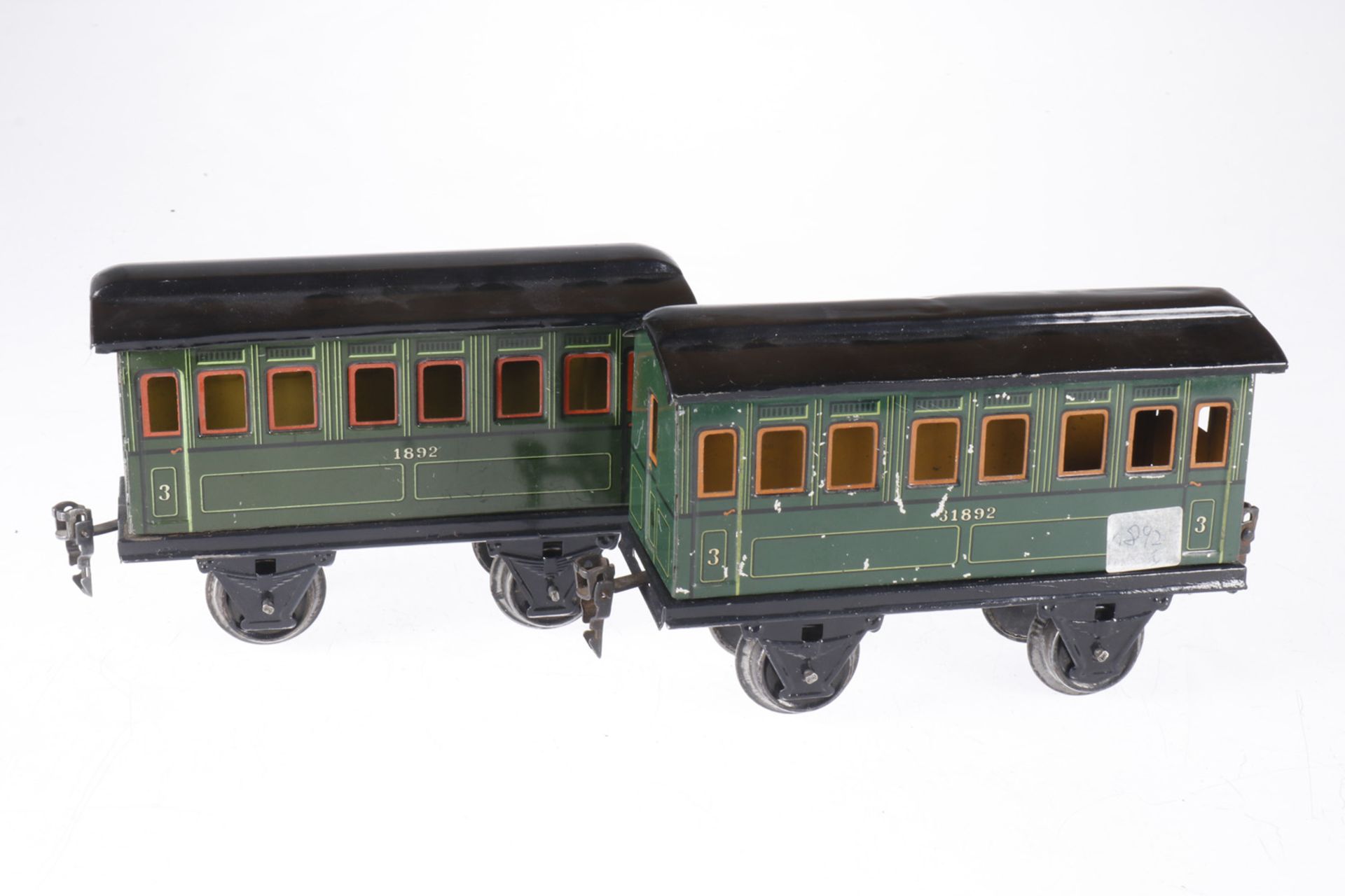 2 Märklin Personenwagen 1892, S 1, CL, Dächer nachlackiert, LS und gealterter Lack, L 17, Z 3