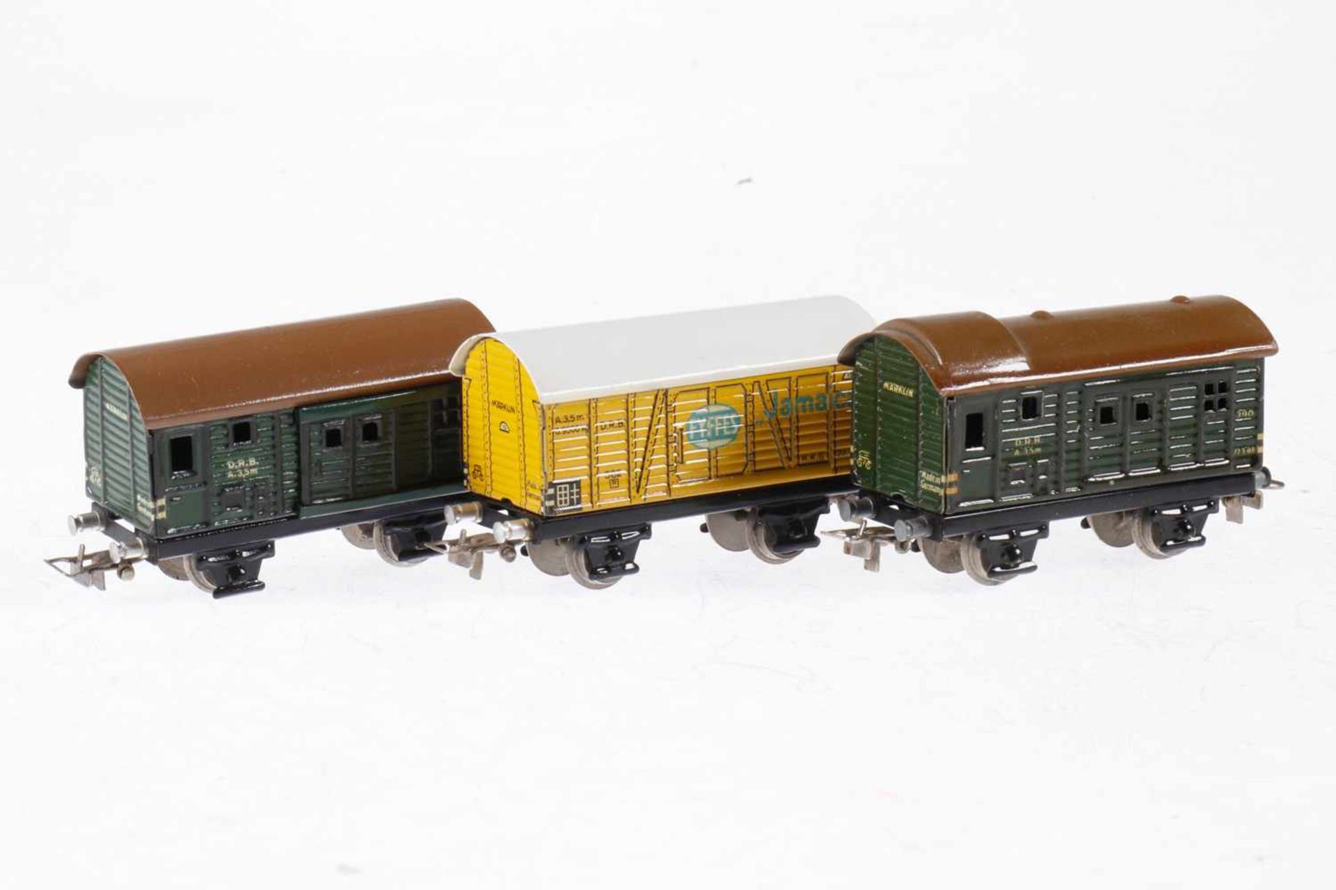 3 Märklin Güterwagen 382 und 2x 390, S H0, Blech, LS, L 8,5, bespielt