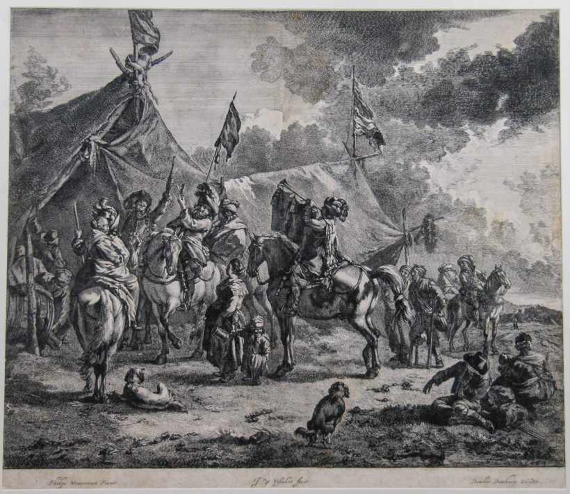 Visscher, Johannes De (Amsterdam, Haarlem 1636 bis nach 1692) Aufbruch im Feldlager. Radierung