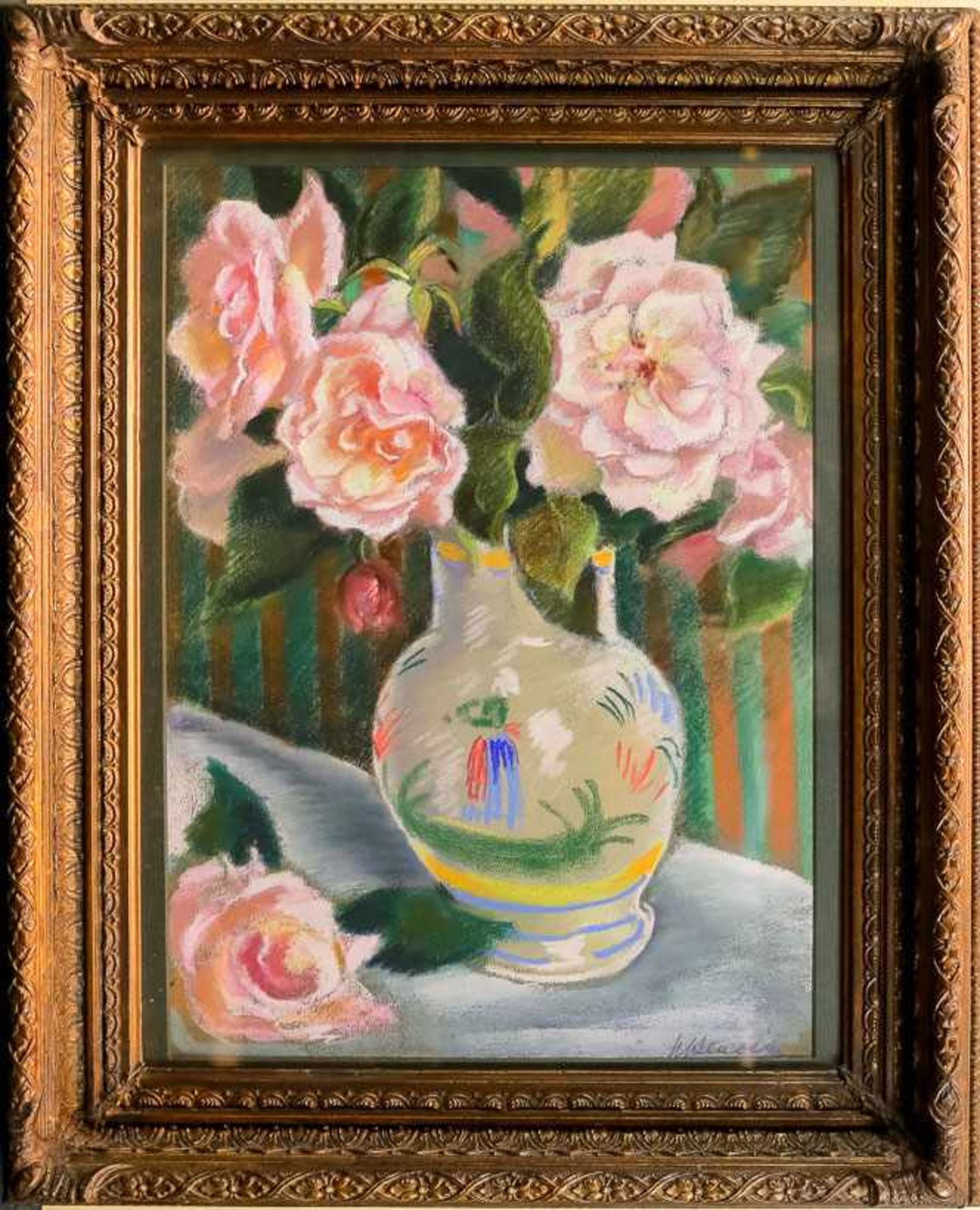 Benois, W. (A. 20. Jh.) Stillleben – Fayencevase mir rosa Rosen. Pastell. Sign. 41×30 cm. R. (