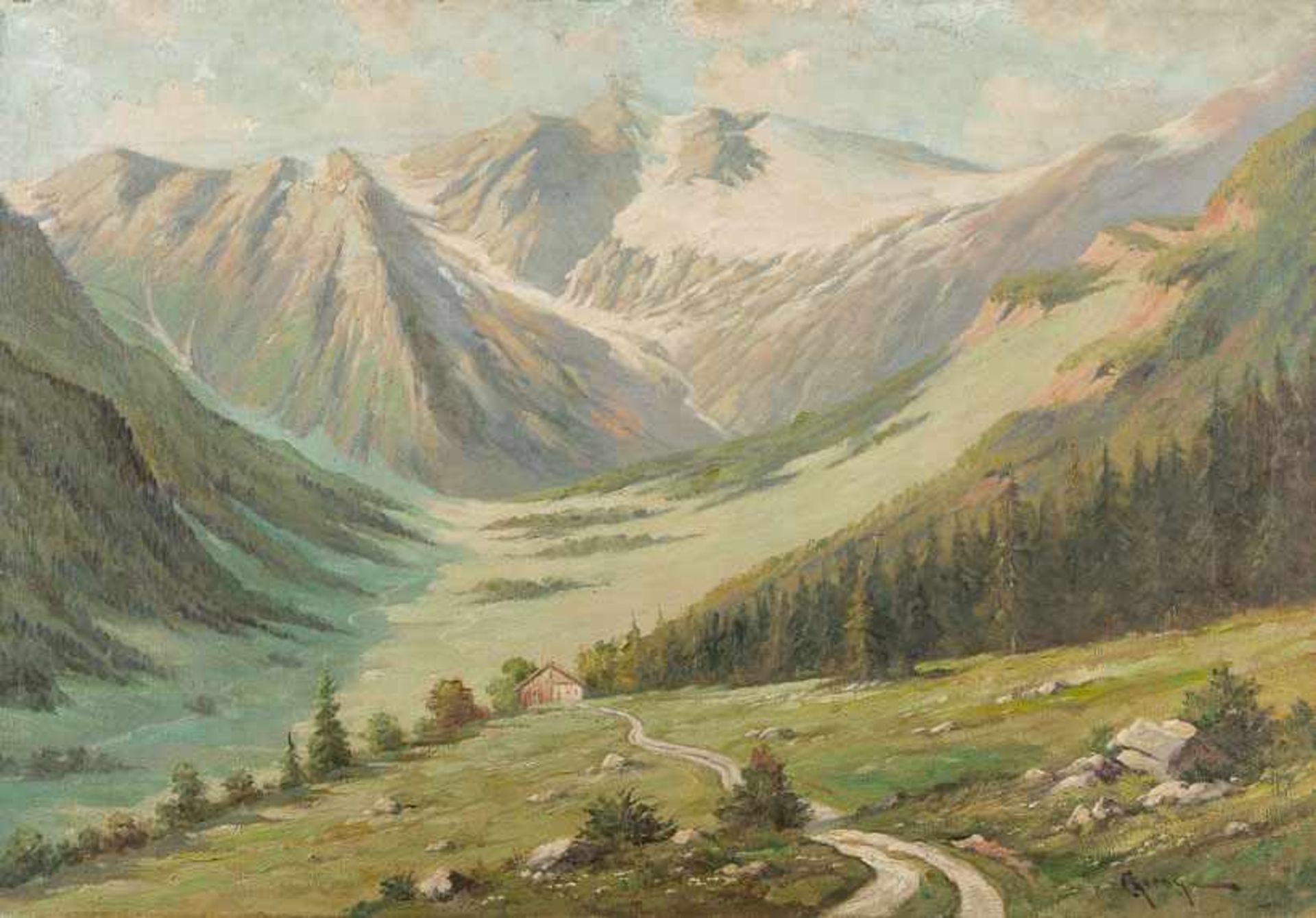 Cherny (Maler der Neuzeit) Gebirgslandschaft mit Blick über weites Tal mit einsamem Gehöft auf