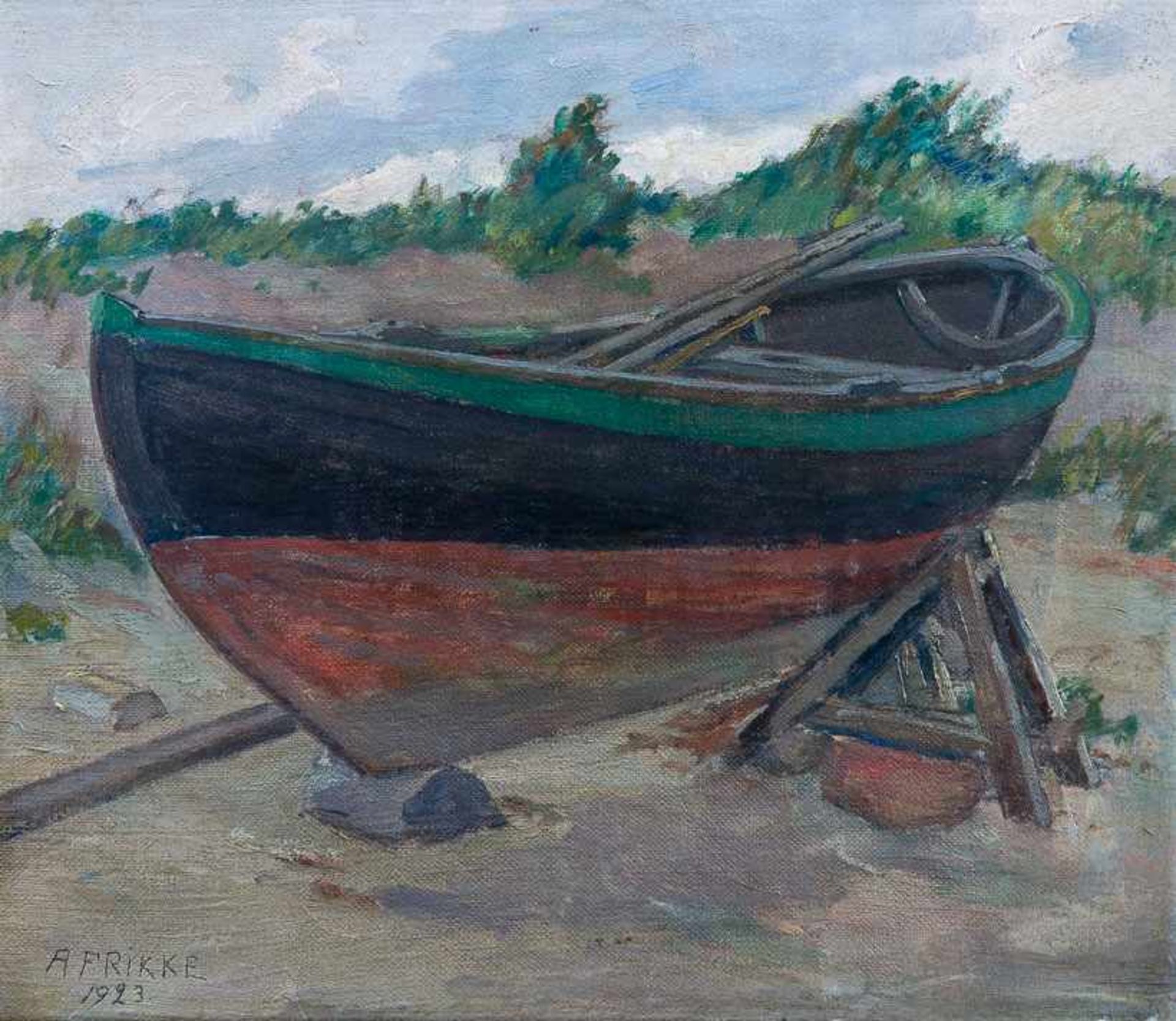 Friis, Achton (1871-1939) Lagerschuppen und ankernde Boote. Sign. Lwd. 40×48 cm. R. Beigegeben: A. - Bild 2 aus 2