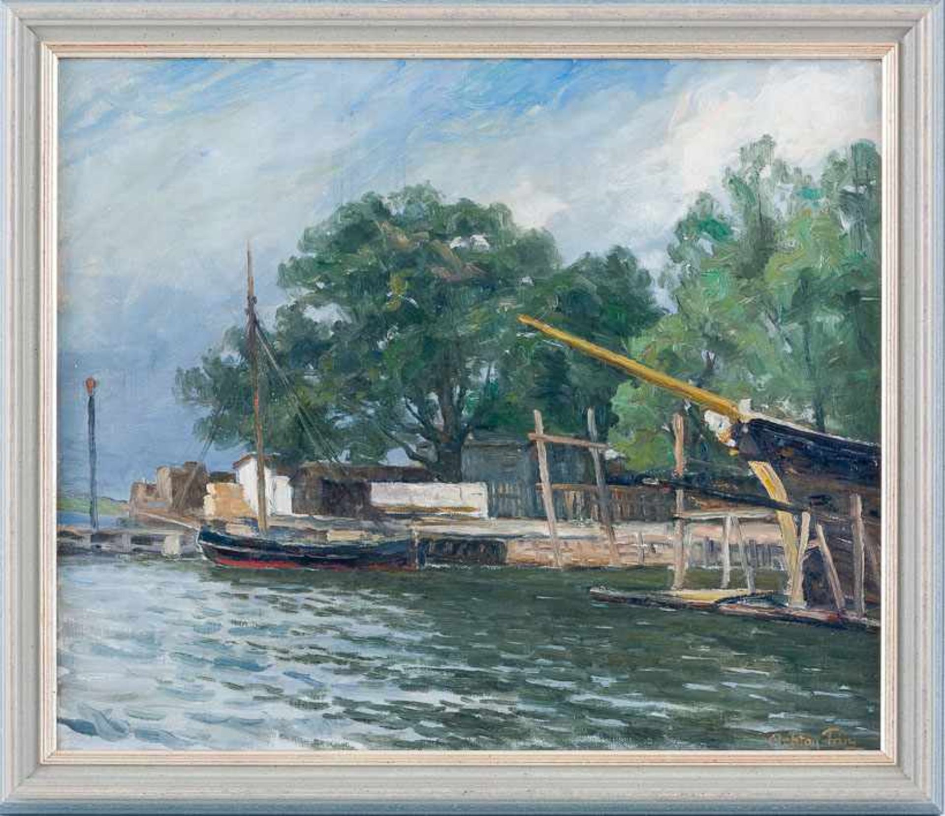 Friis, Achton (1871-1939) Lagerschuppen und ankernde Boote. Sign. Lwd. 40×48 cm. R. Beigegeben: A.
