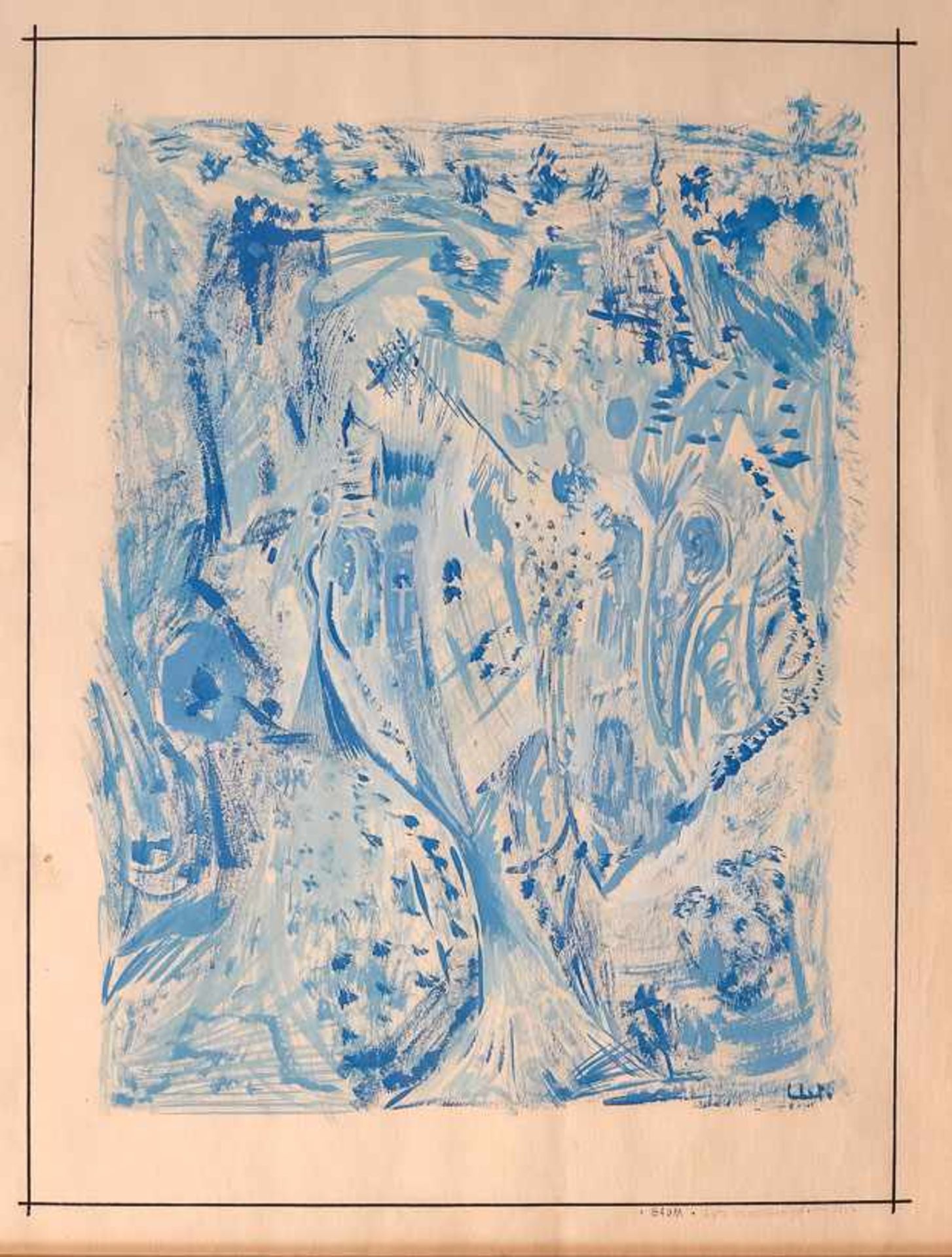 Baum (um 1970) „Lutz Wasserkampf“. Gouache in Blau. Sign., betit. u. dat. 1970. 28×21 cm. R.