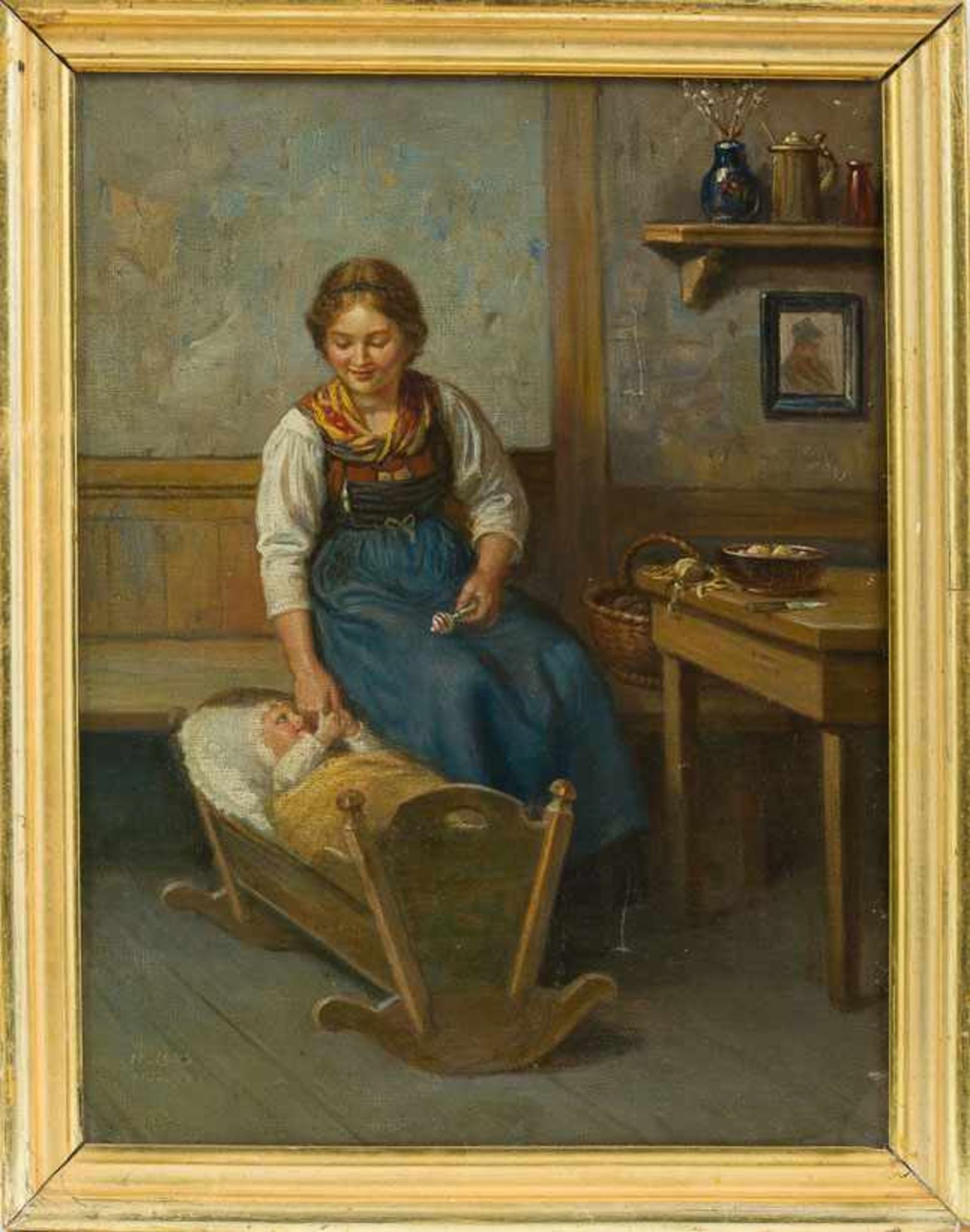 Lans, H. (München, um 1900) Junge Mutter an der Wiege Ihres Kindes in Bauernstube. Sign. u. Ortsbez.
