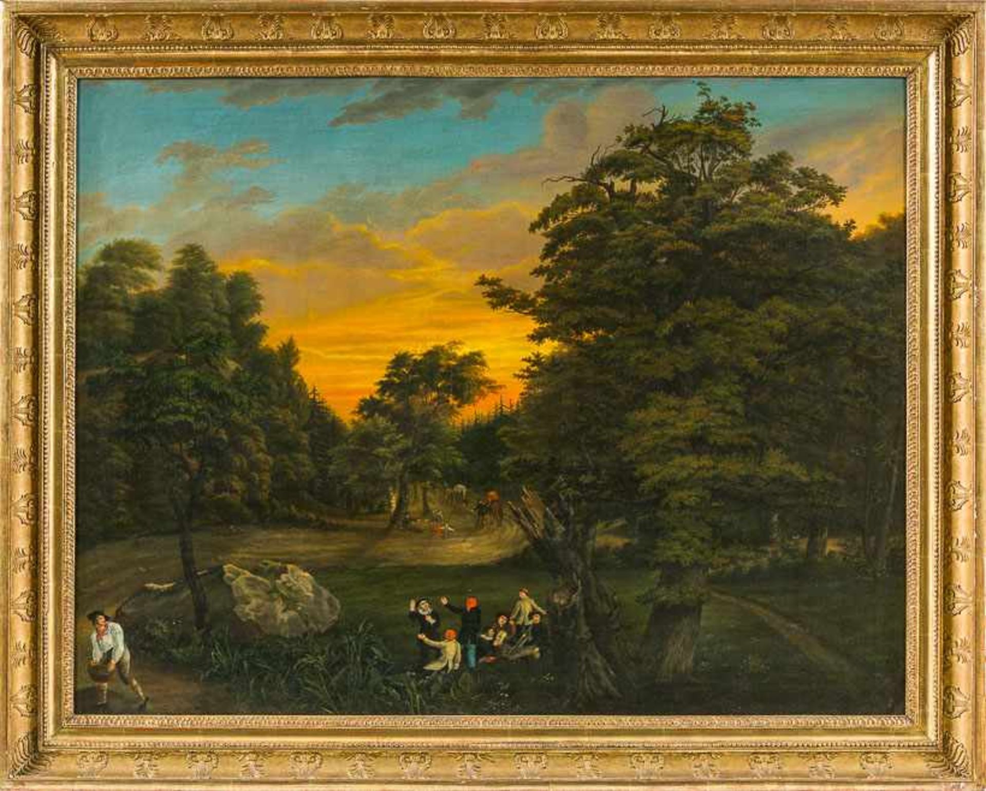 Deutscher Maler C. Grimm (um 1827) Parklandschaft mit Abendrot am Himmel. Auf der Wiese singende und
