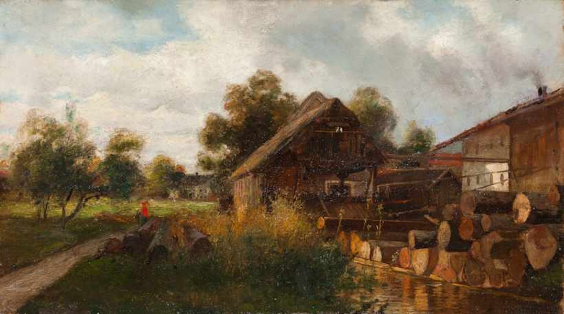 Deutscher Maler (1. H. 20. Jh.) Mühle und gestapelte Holzstämme. Rest einer Sign. Lwd., teilweise