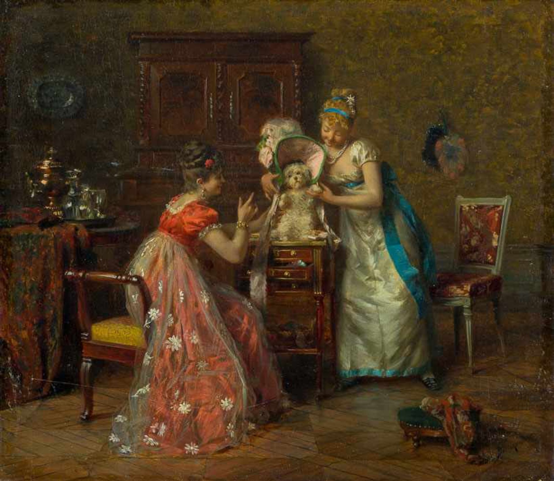 Bachereau-Reverchon, Victor (1842-1885) Zeitvertrieb. Zwei junge Damen, einem Schoßhund einen