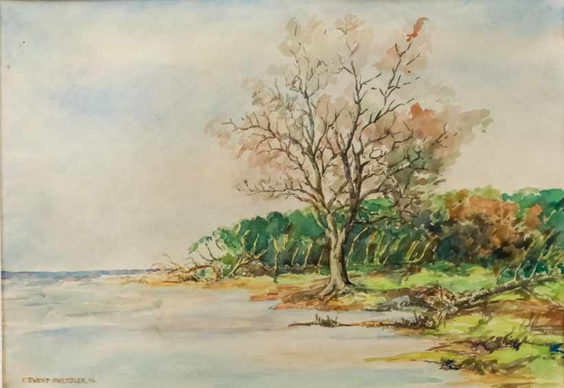 Ewert-Pressler, F. (um 1945) Ostseeküste mit bewaldetem Ufer. Aquarell. Sign. u. dat. (19)46. 23×