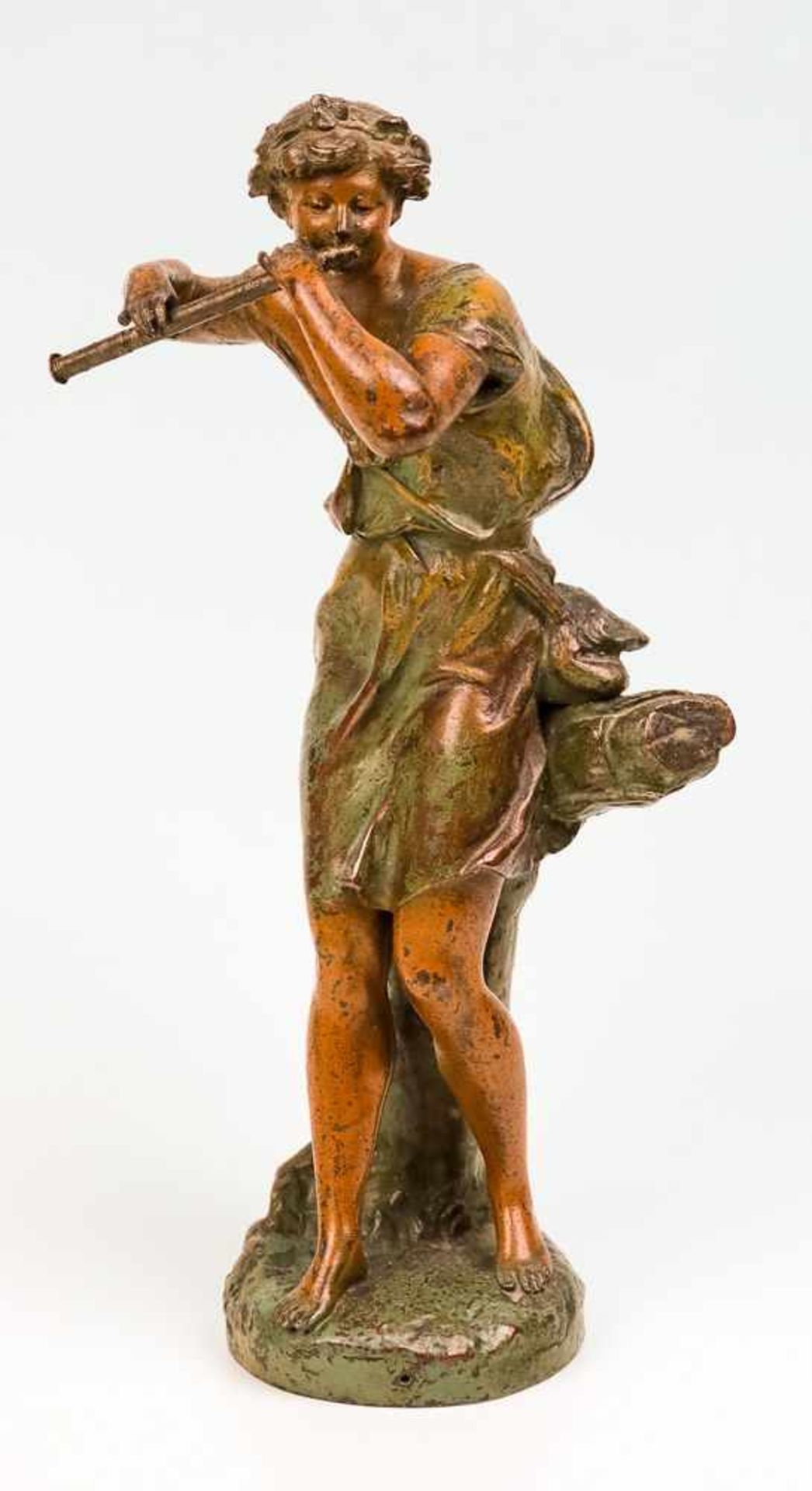 Ferrand, Ernest Justin (1846-1932) Flöte spielender Pan, an einen Baumstumpf gelehnt. Bronze,