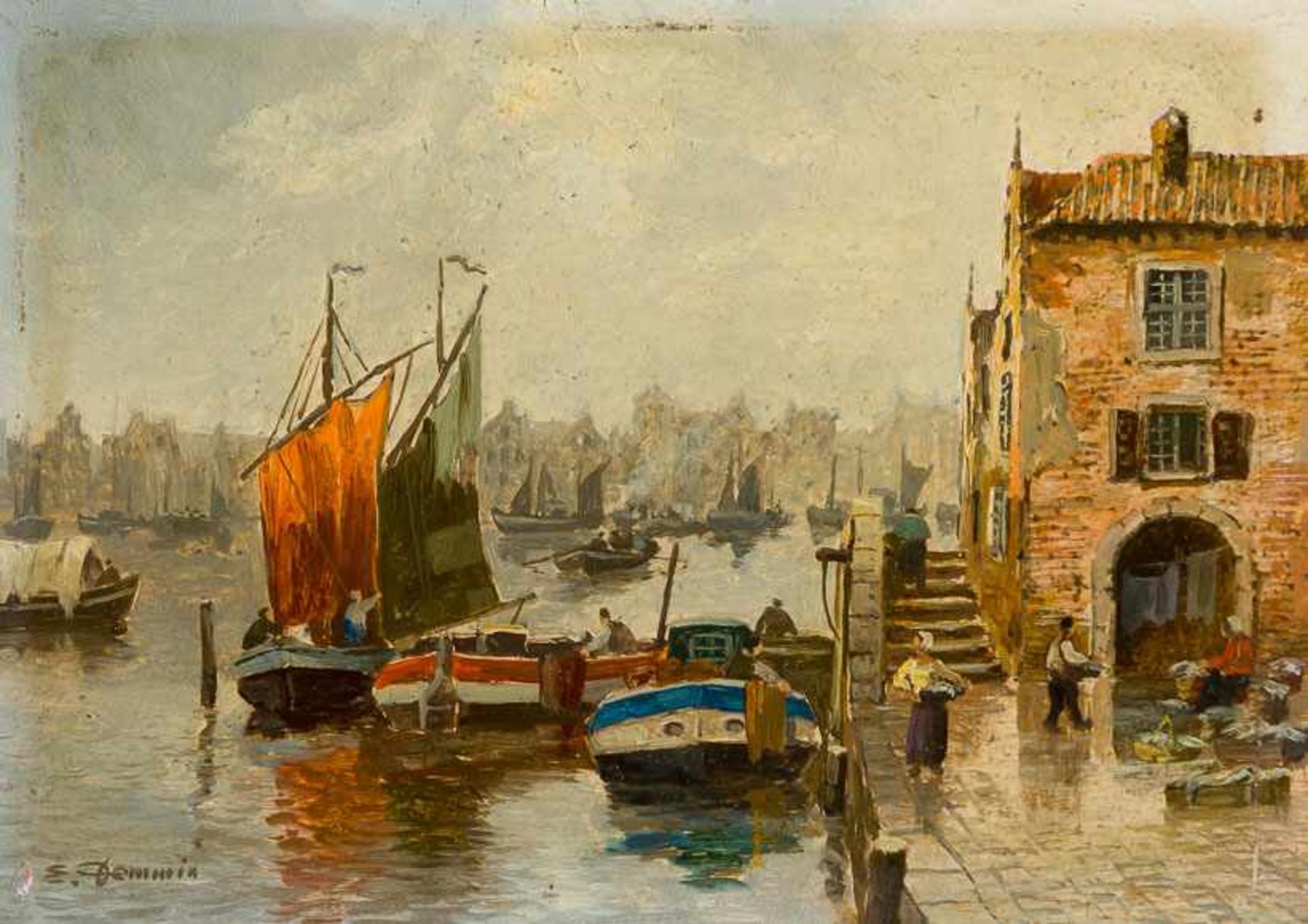 Derselbe Gracht in Amsterdam mit zahlreichen Lastkähnen und Segelbooten. Sign. Kupfer. 13×19 cm.