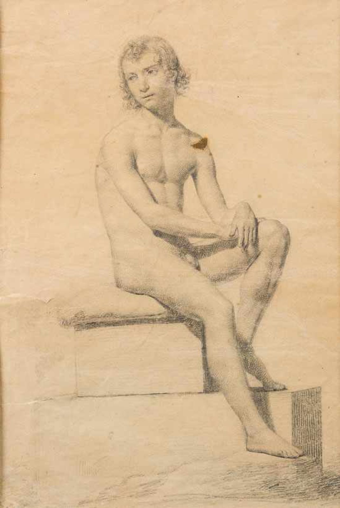 Zeichner (um 1800) Akt eines sitzenden Jünglings. Kohlezeichnung. Ca. 29×20 cm. (fleckig,