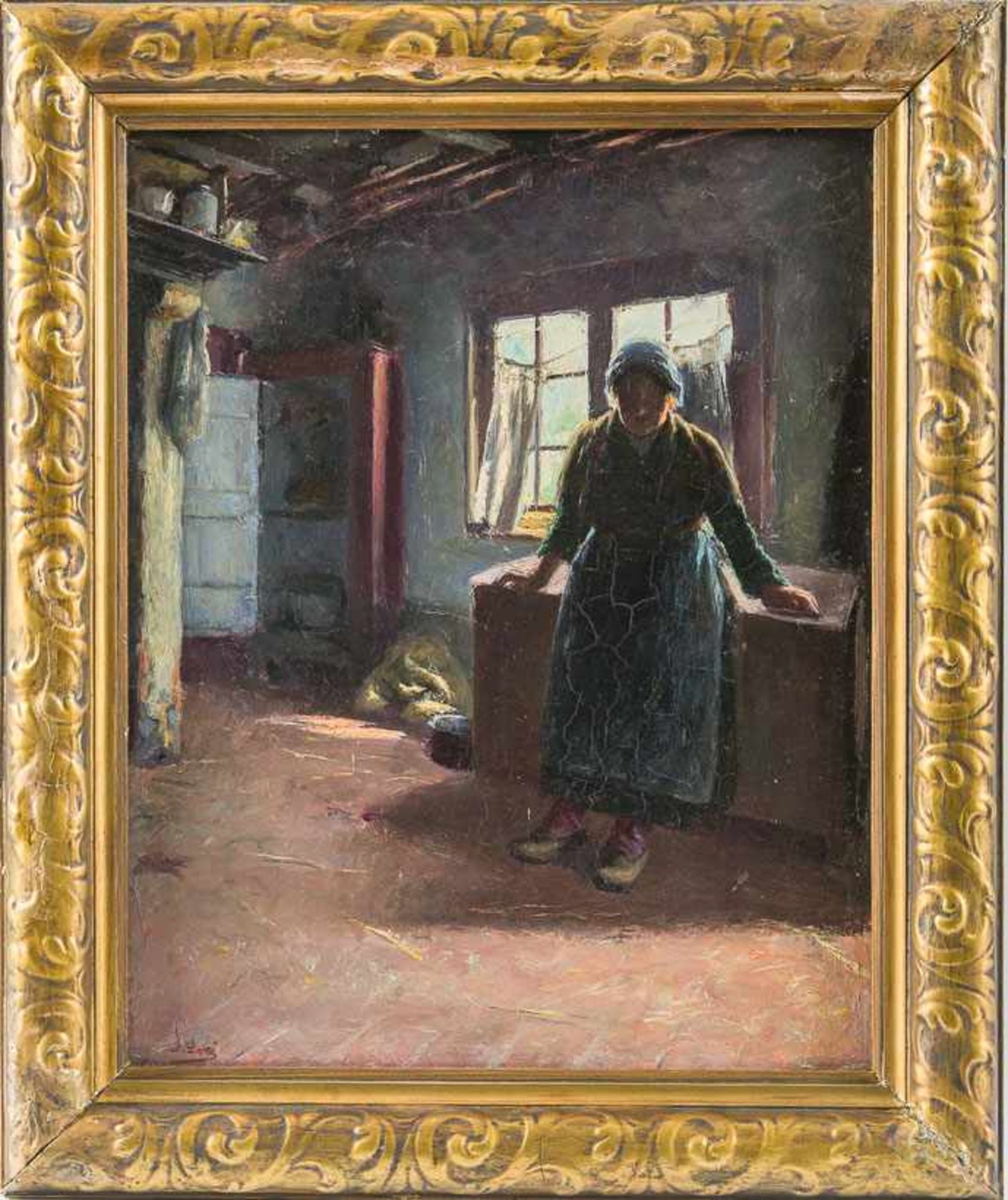 Doré, Jacques (1861-1929) Bauernstube, an Truhe gelehnt, müde alte Bäuerin. Sign. Holz. 40×32 cm. (