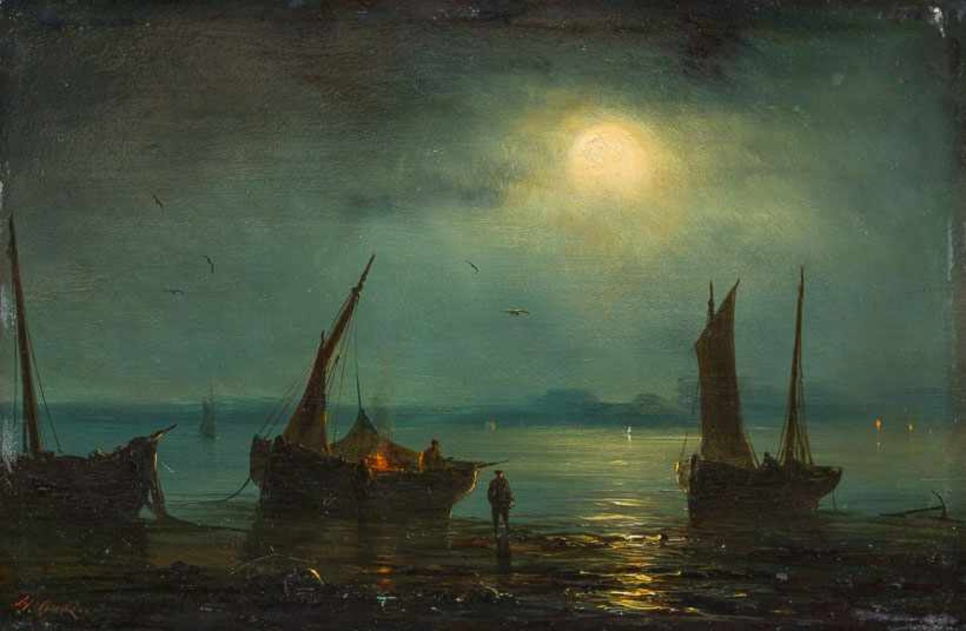 Gudin, Herminie (1825-1876), zugeschrieben Vollmond über Meeresküste. Auf den Strand gezogenen