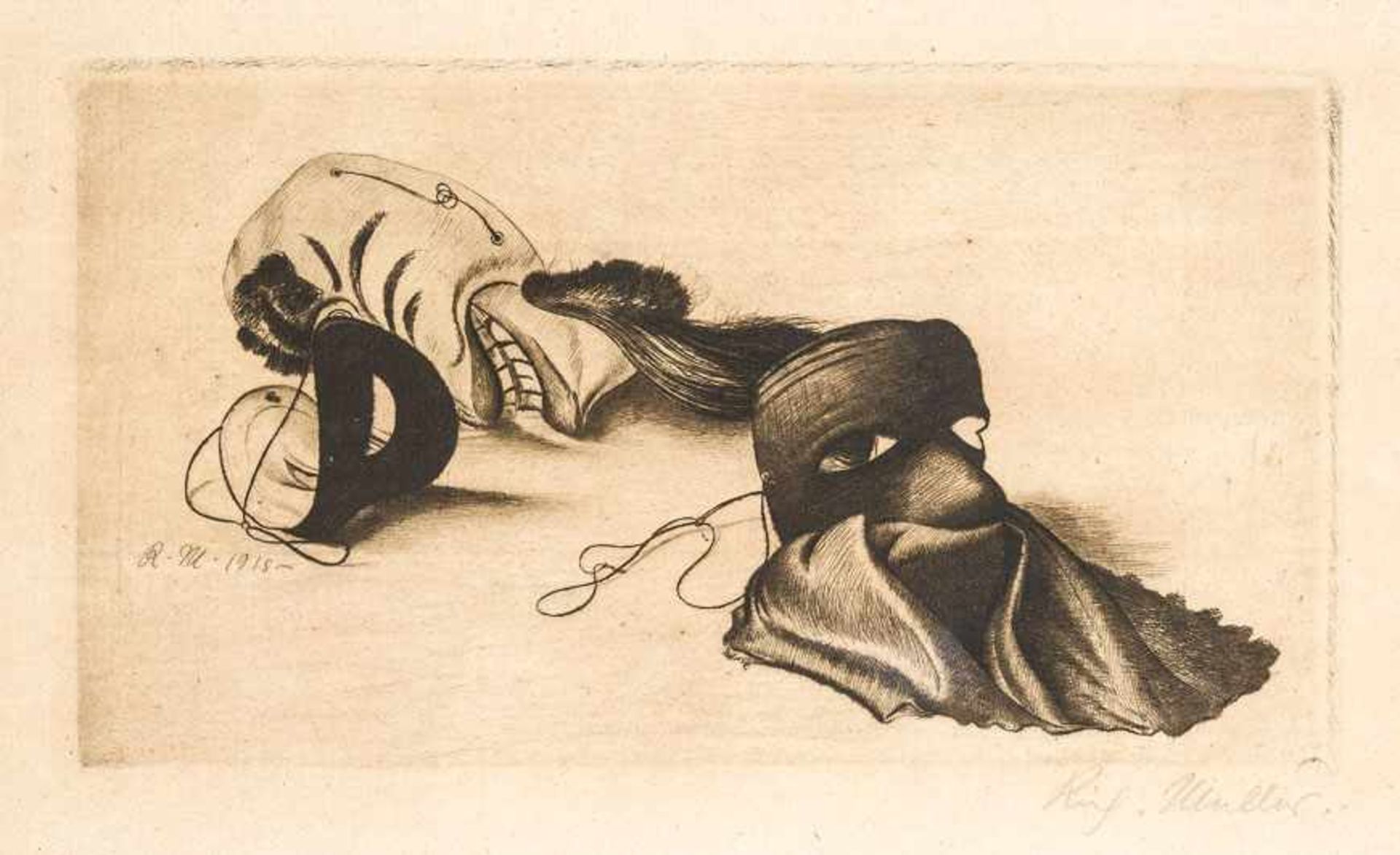 Müller, Richard (Tschirnitz a. d. Eger, Dresden, 1874-1954) „Masken“. 1915. Radierung. Bleistift