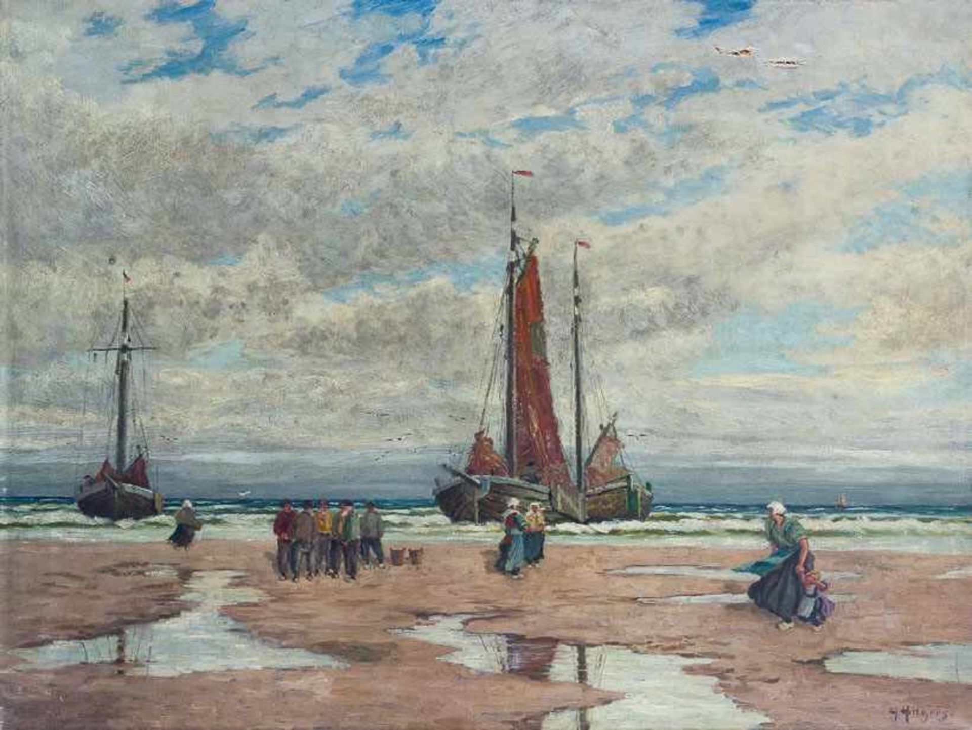 Hilgers, Adolf (1896-1959) Strand mit ankerndem Botter und Fischern. Sign. Lwd. (2 Einrisse) 60×80