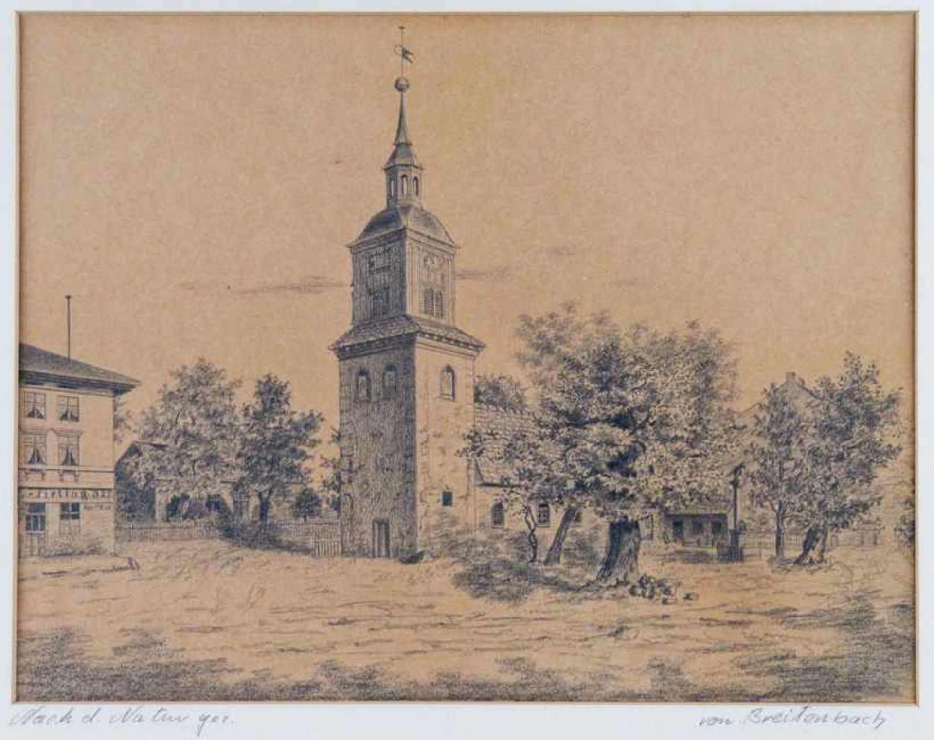 Breidenbach, Franz (um 1886) Dorfplatz mit Blick auf die Kirche. Kohlezeichnung. Auf Montagekarton