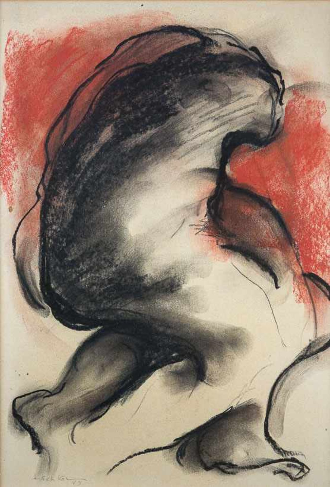 Behkalam, Akbar (Täbris 1944) Abstrakter Frauenakt. Kreidezeichnung. Rot und Schwarz. Mit