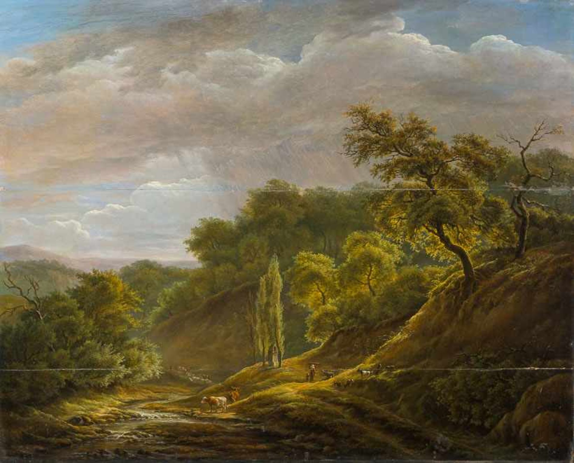 Deutscher Maler in Italien (um 1800) Italienische Flusslandschaft mit Vieh und Hirtenfamilie. (