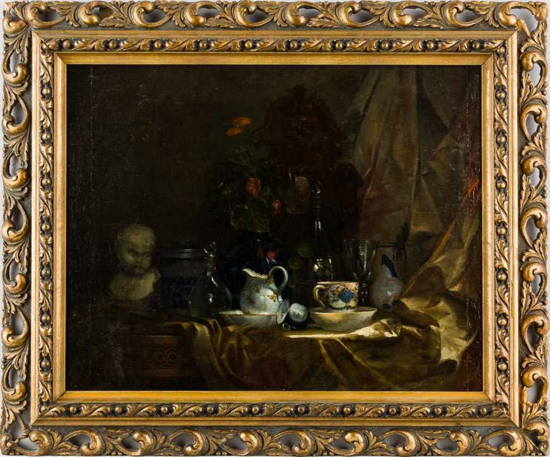 Französisch (19. Jh.) Stillleben in der Art von Chardin. Tischplatte mit drapiertem Seidenstoff,