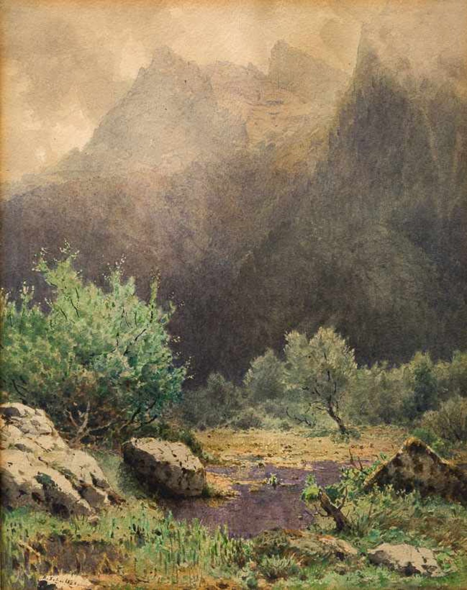 Schultze, Robert (Magdeburg, München 1828-1910) Bachlauf im Gebirge. Aquarell. Sign. 28×22,5 cm.
