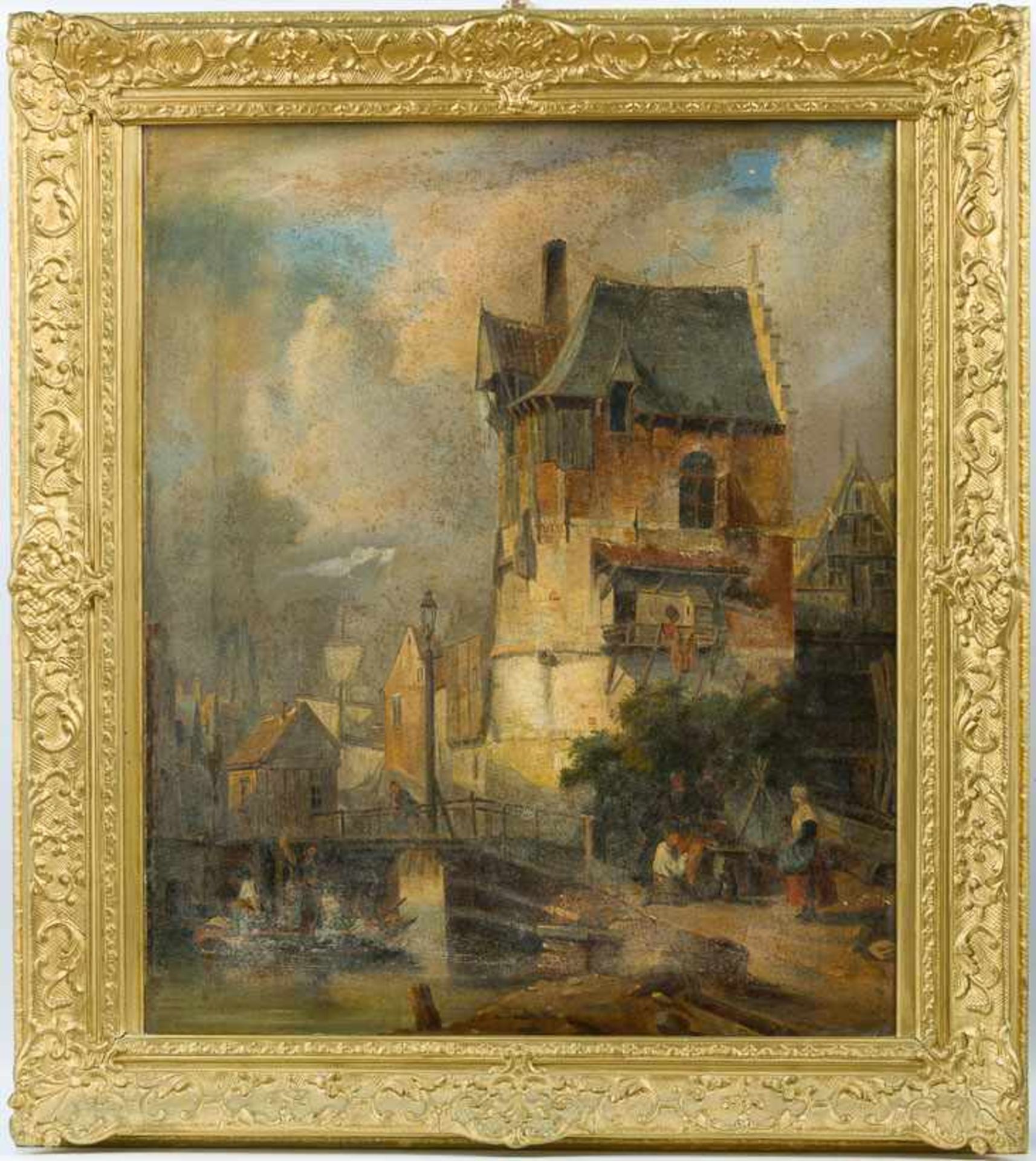 Holländischer Maler (um 1880/1900) Kleinstadt mit mächtigem Brückenhaus und Kanal. Auf dem Wasser