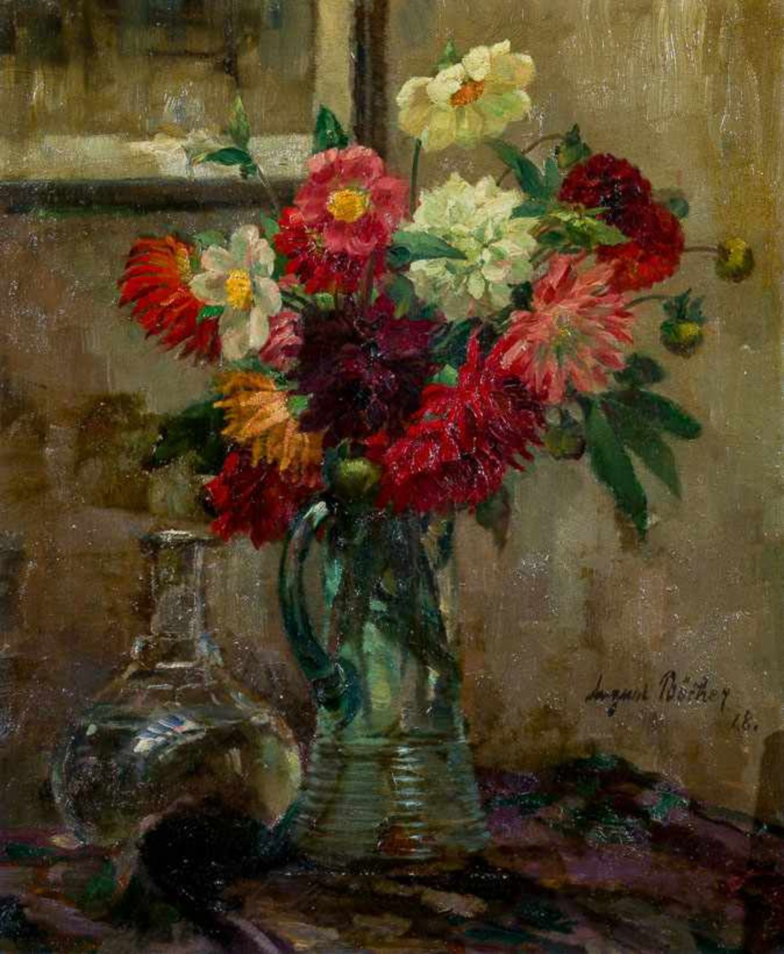 Böcher, August (1873-1961) Sommerblumenstrauß aus Dahlien, Rosen und Anemonen in Glaskrug auf