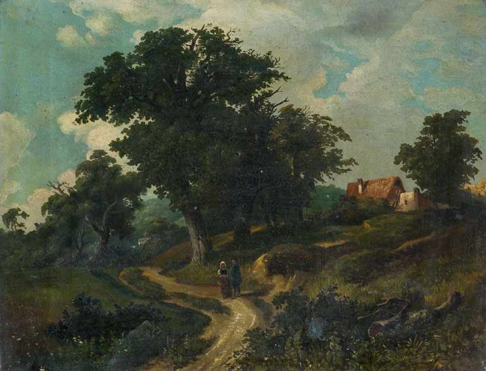 Deutscher Maler (um 1860) Bewachsener Sandweg und mächtige Eiche. Unter dem Baum plauderndes