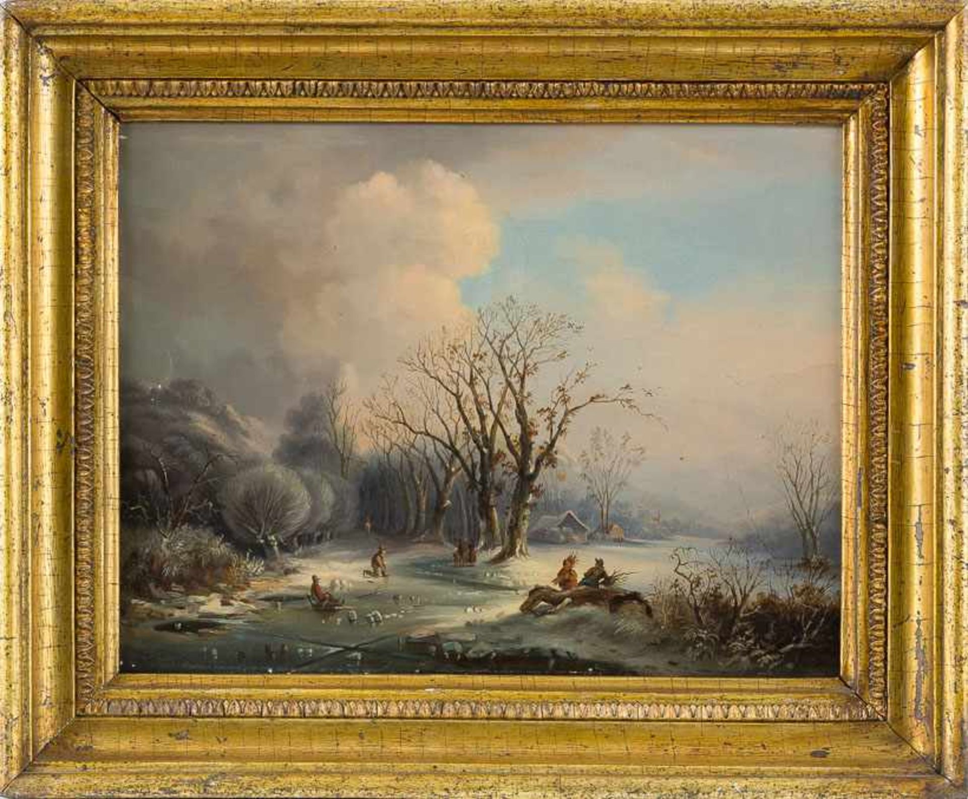 Eijken, van der (Holland, Mitte 19. Jh.) Hügelige Winterlandschaft mit zugefrorenem Fluss und Allee.