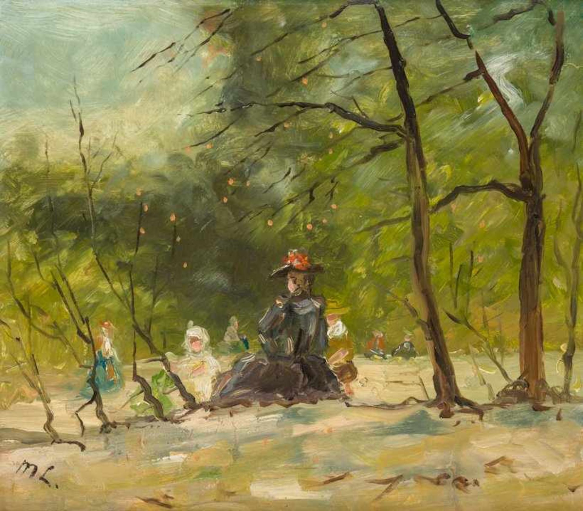 Französischer Maler M. L. (um 1950) Im Bois de Boulogne. Junge Mutter und Kinder beim Spielen.