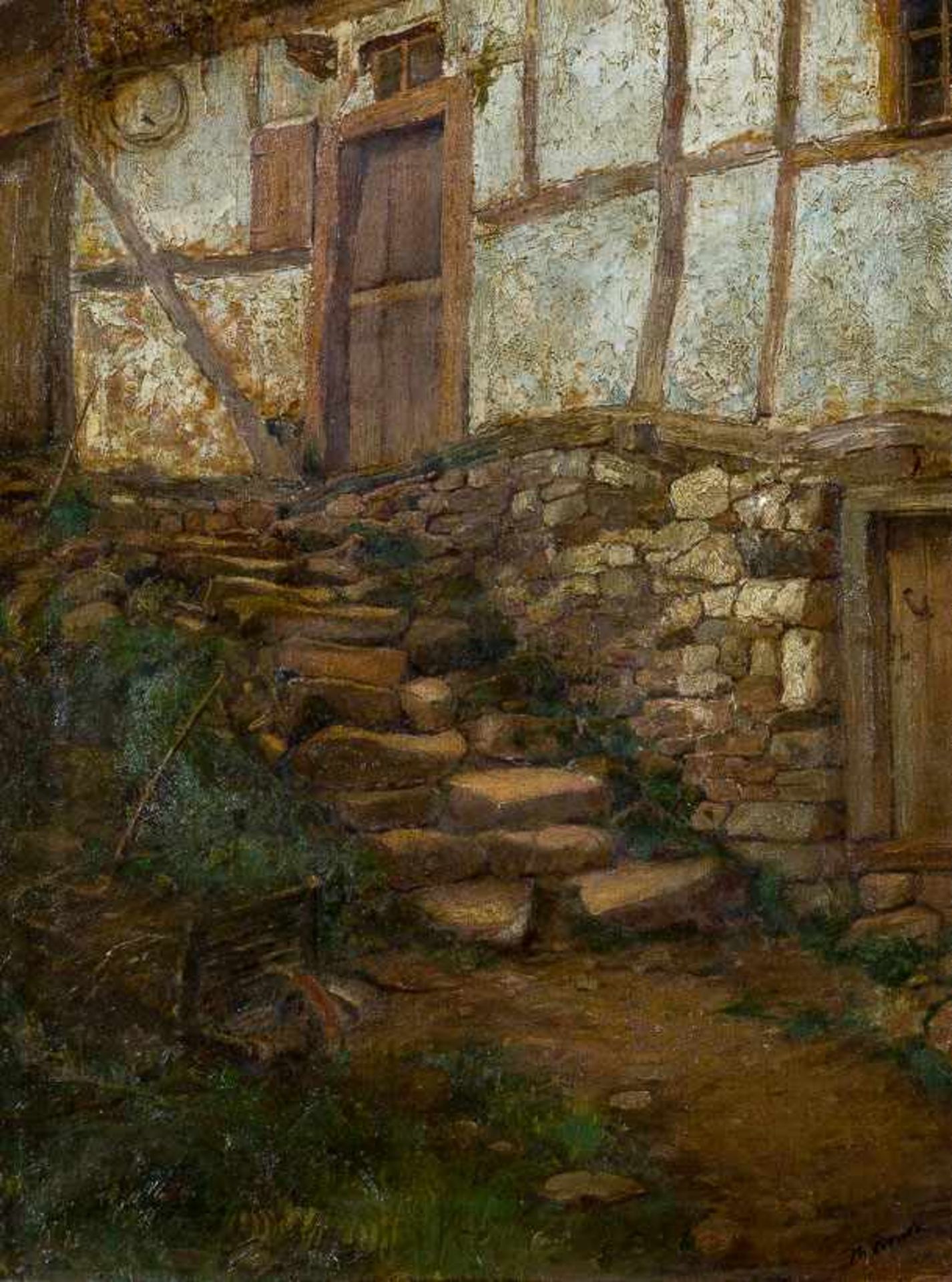 Funck, Theodor (Elberfeld, Düsseldorf 1867-1919) Steintreppe und Scheune. Sign. Lwd. 58×44 cm. R. (