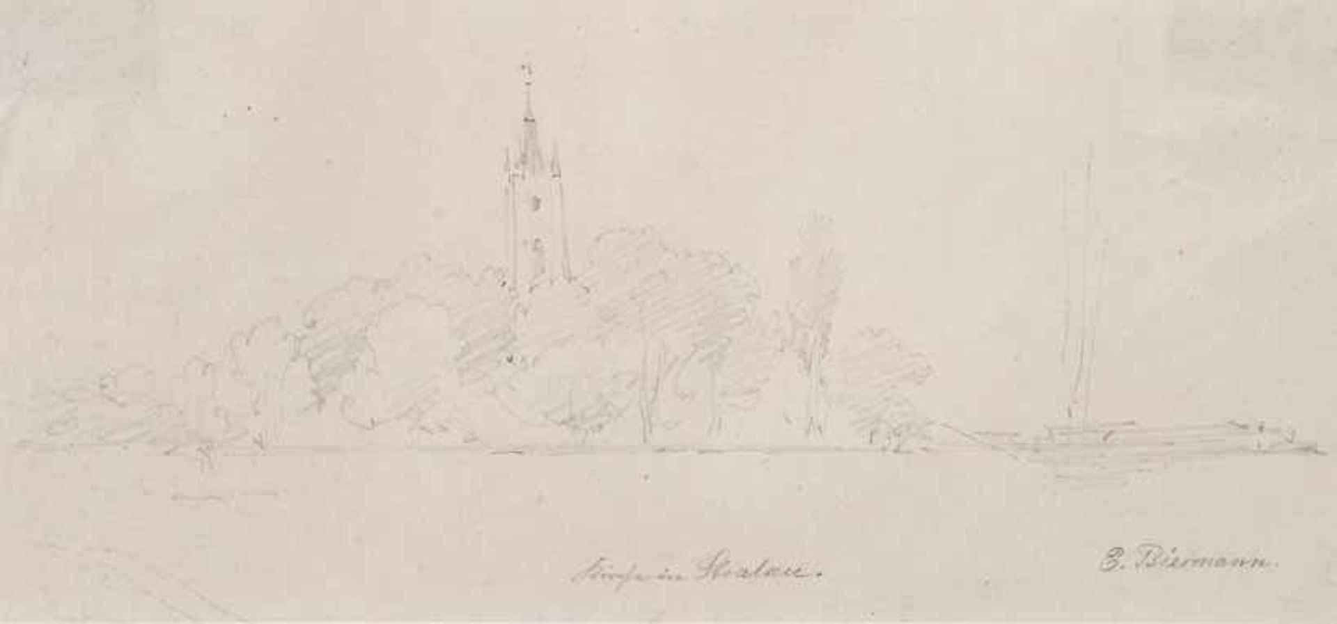 Biermann, Eduard (Berlin 1803-1892) Kirche in Stralau. Bleistift 10×21,5 cm. Bez. Rückseitig separat
