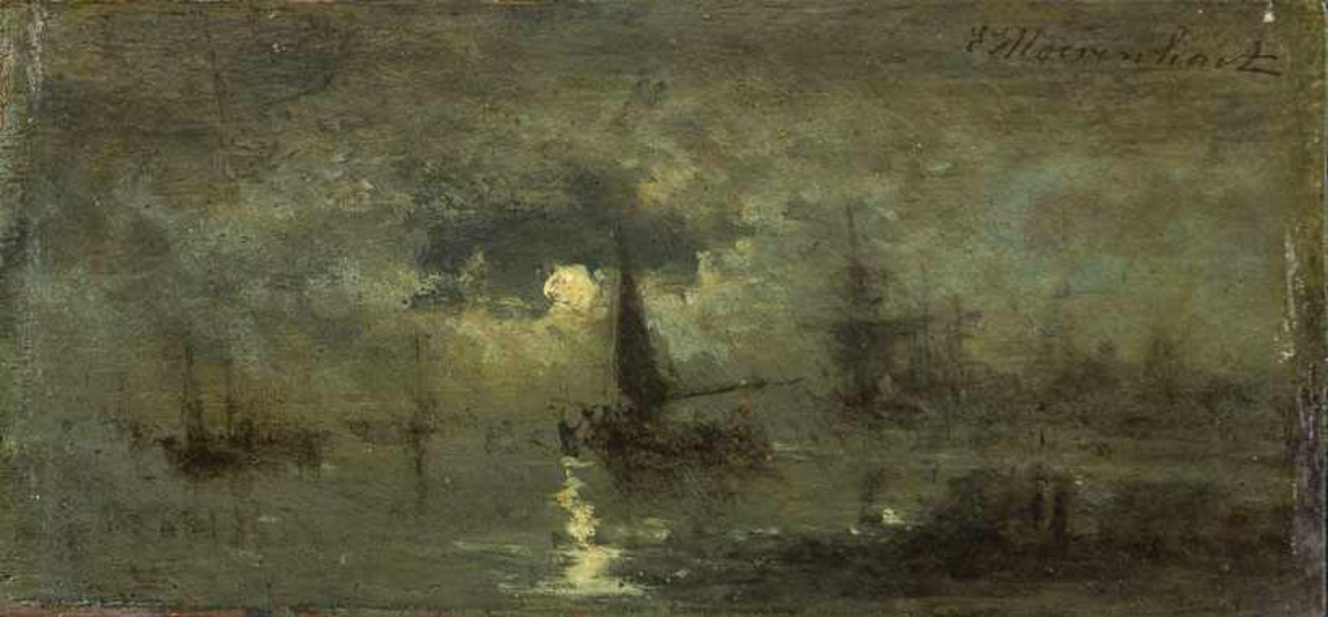 Moerenhout, Eduard (1801-1893) Nocturne. Vollmond über Meeresküste mit ankernden Booten. Sign. Holz.
