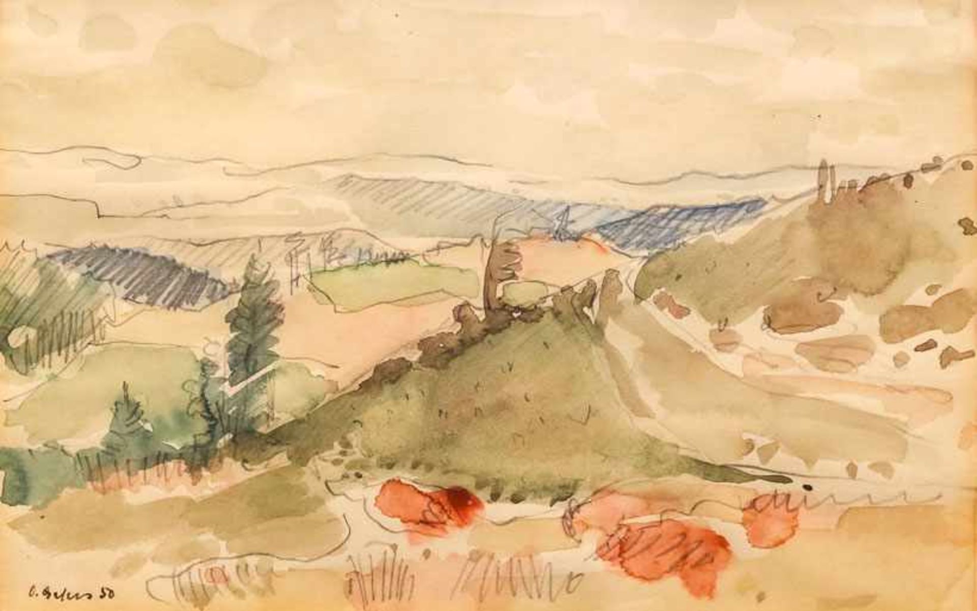 Dröge, Karl (um 1920) „Am Bergholz“ – Lindenallee im Frühling. Aquarell. Sign. betit. u. dat. - Bild 2 aus 3