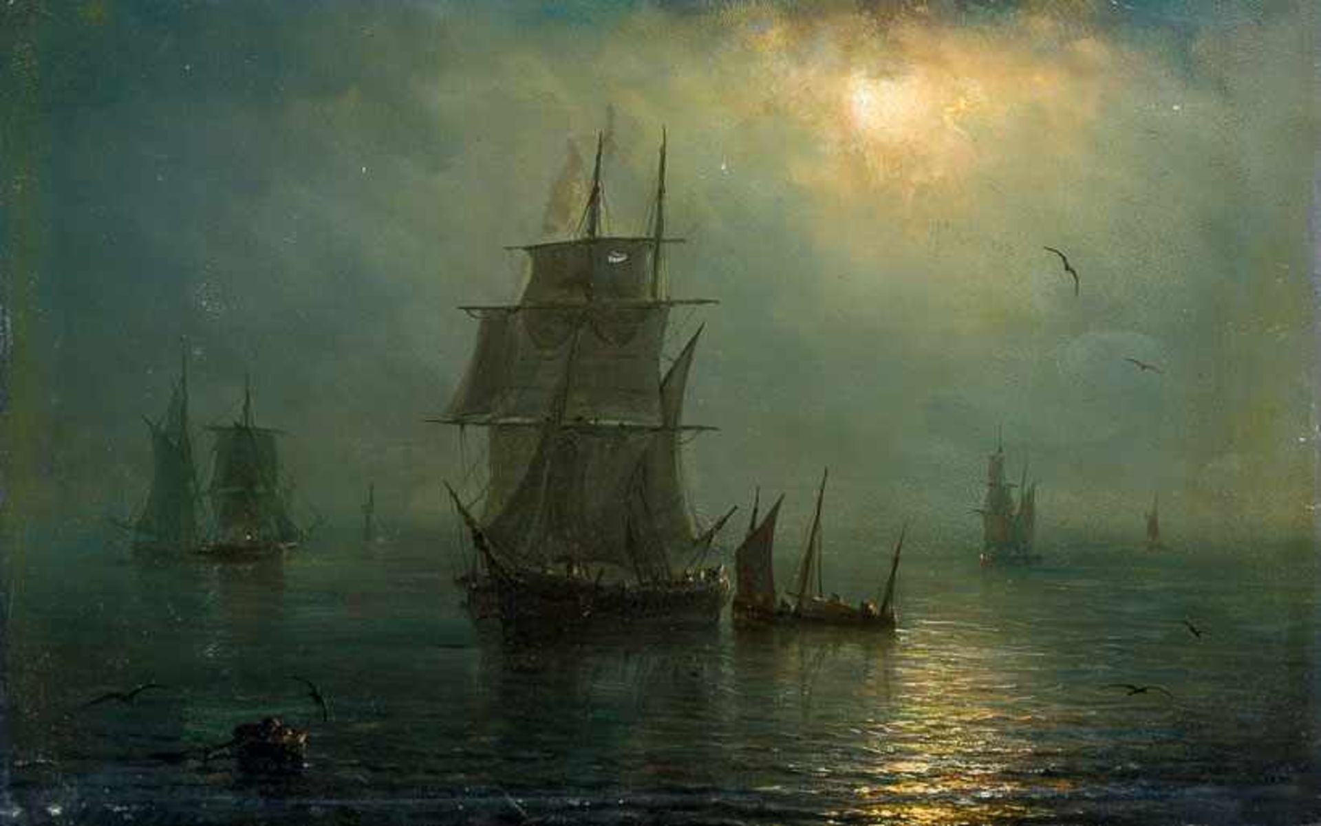 Gudin, Herminie (1825-1876) Hinter Wolken versteckter Vollmond über Meeresbucht mit zahlreichen