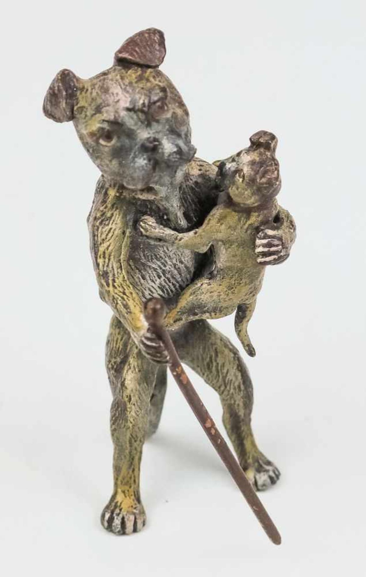 Wiener Bronze ---. Bulldogge mit Welpen auf dem Arm und Wanderstab. Bronze, naturalistisch bemalt.