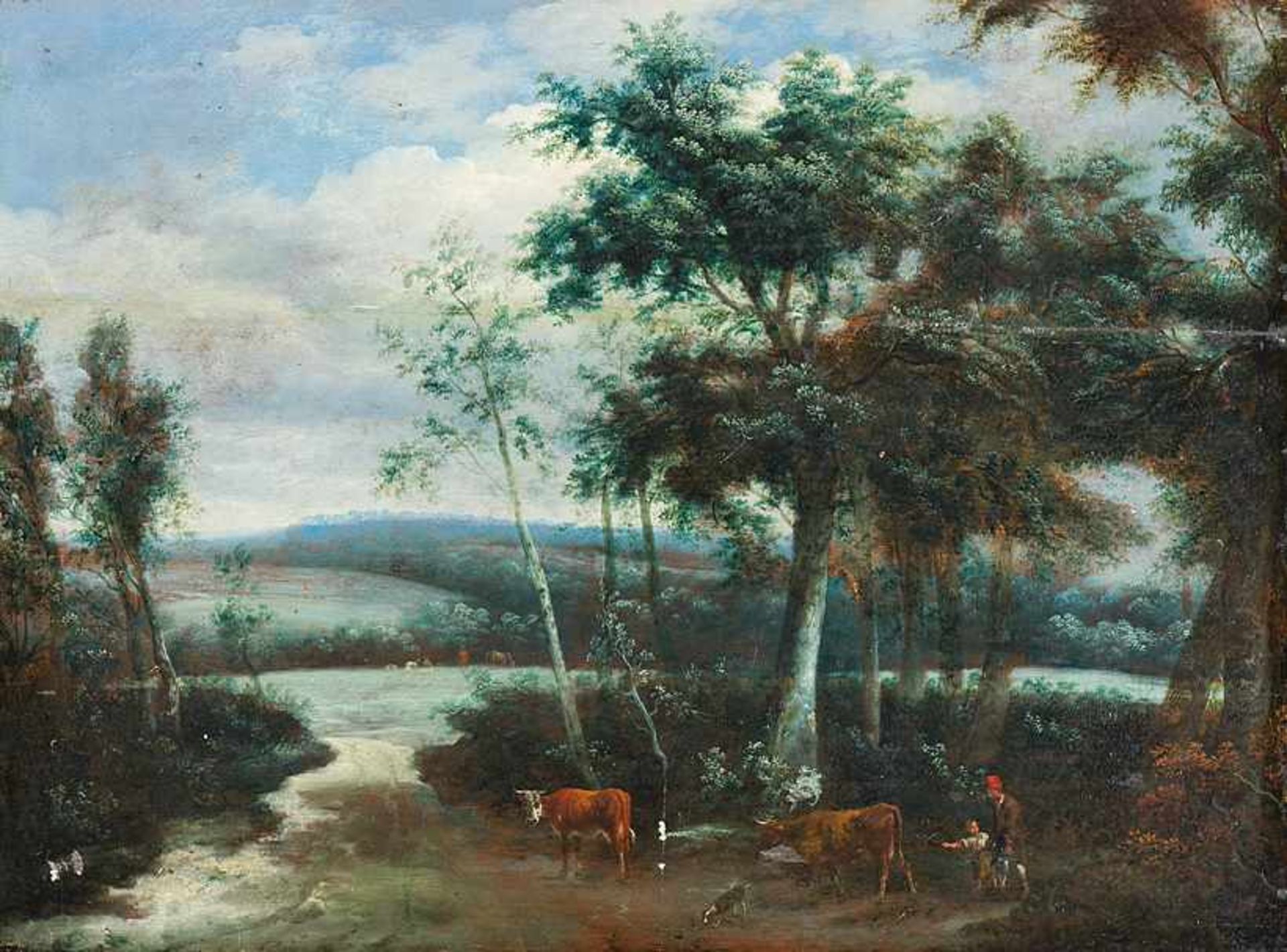 Holländisch (17. Jh.) Hügelige Waldlandschaft mit Flusslauf und Bauern mit Kind und zwei Kühen.