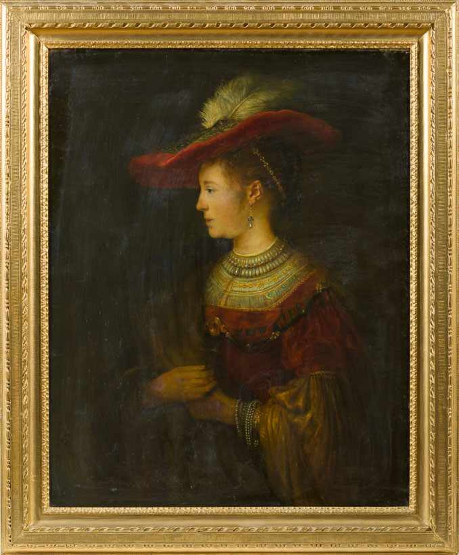 Rembrandt-Kopist (Anf. 20. Jh.) Saskia van Uylenburgh, Gemahlin des Künstlers, in rotem Samtkleid.