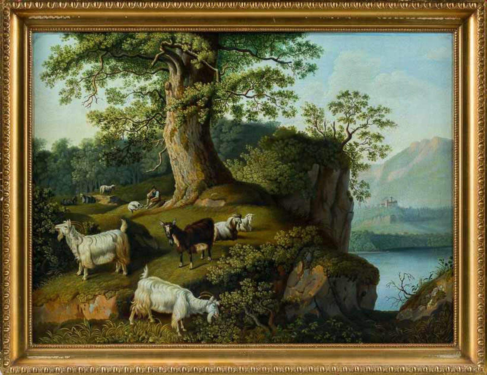 Dresdner Maler B. v. k. (um 1833) Parklandschaft am Fluss. Ziegen und Hirte unter mächtiger Eiche