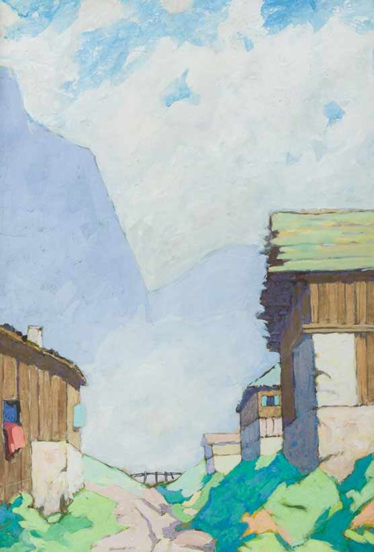 Leman, Fritz (Berlin, um 1951) Almhäuser vor Gebirgsmassiv. Gouache. 49×33 cm. Rückseitig