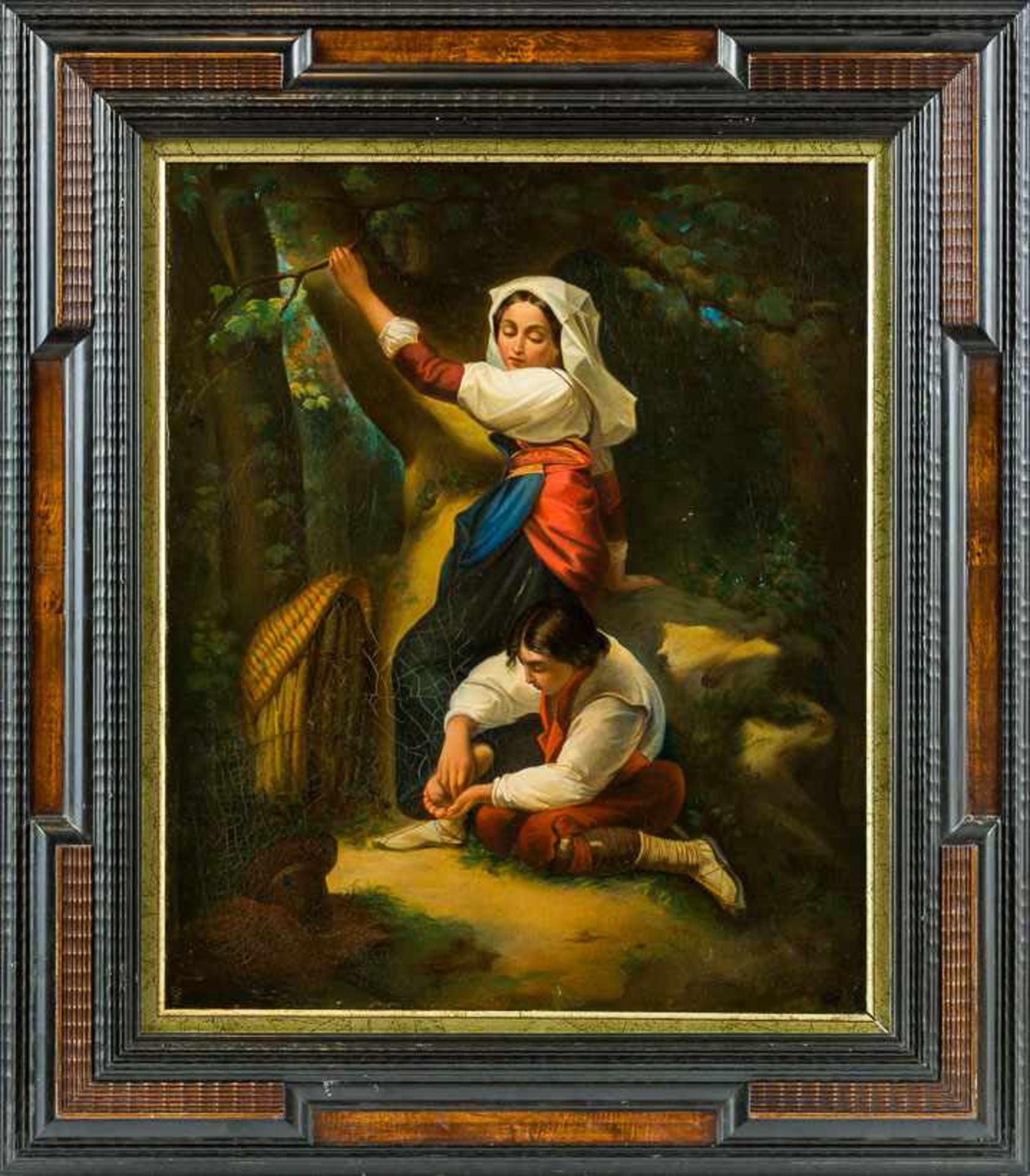 Beccarisi, L. (Italien, um 1856) Helfer in der Not. Junger Hirte, einem Landmädchen eine Spreisel
